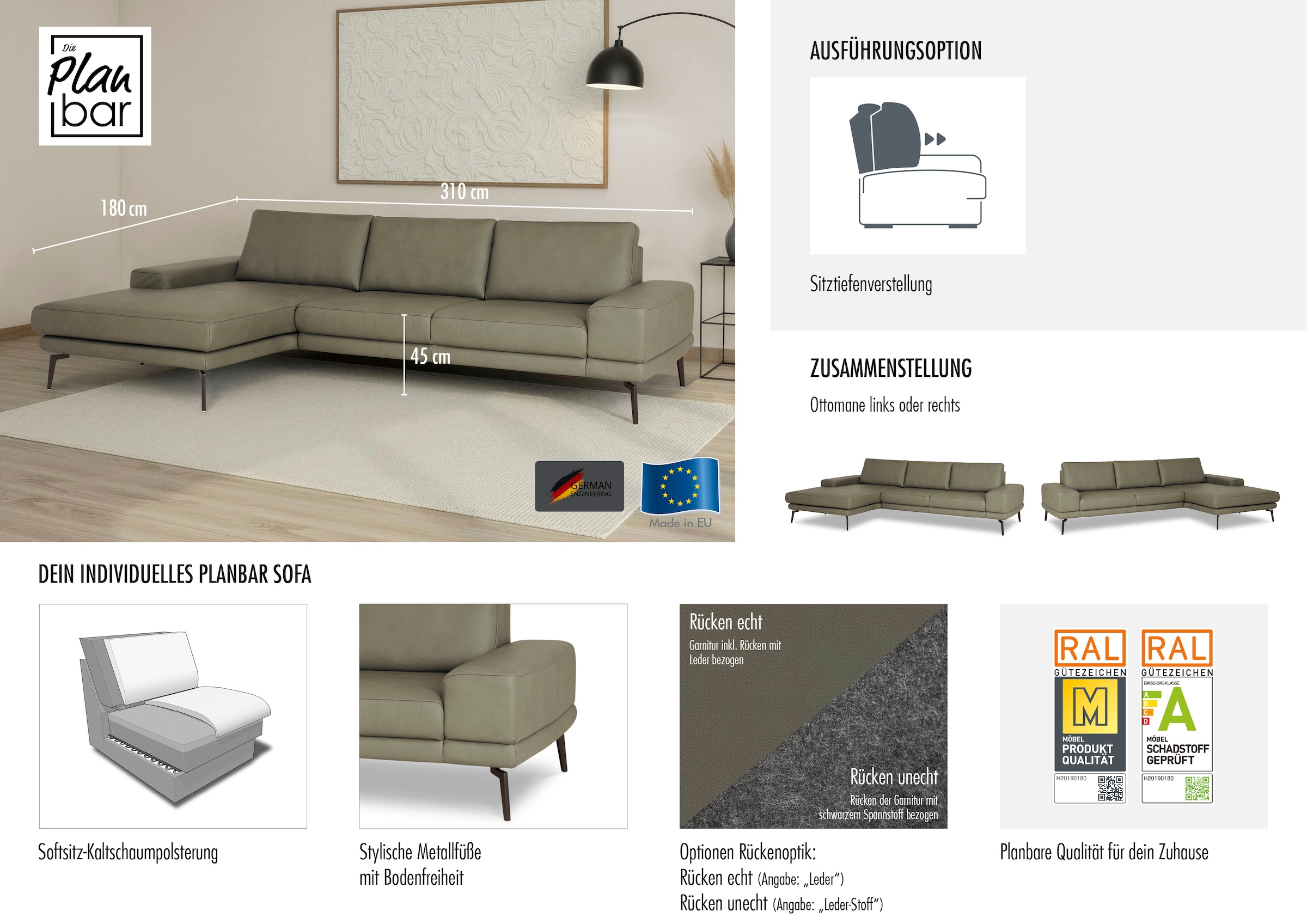 Die PlanBar Ecksofa »PN-EM20061, wahlweise frei im Raum stellbar« wahlweise mit echt bezogenem Rücken und Sitztiefenverstellung