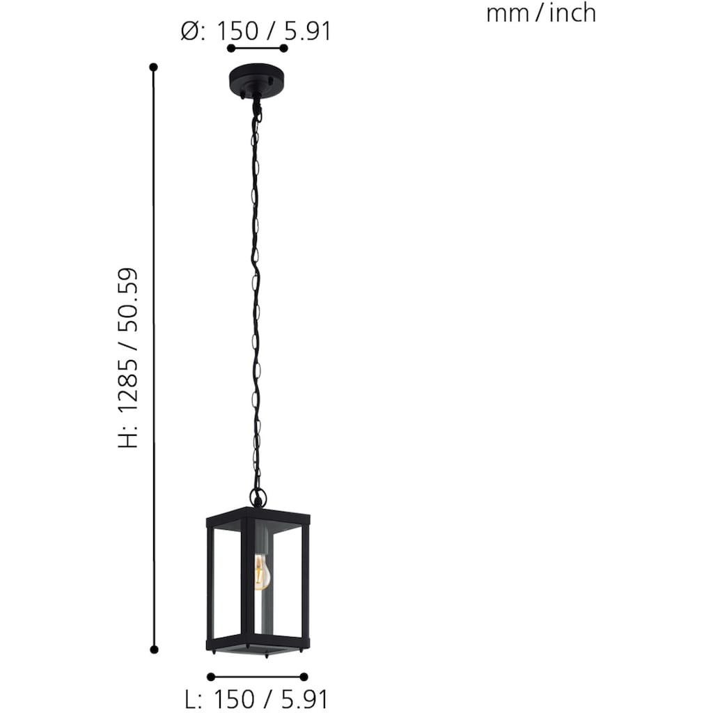 EGLO Außen-Deckenleuchte »ALAMONTE 1«, E27, schwarz / L15 x H128,5 x B15 cm / exkl. 1 x E27 (je max. 60W) / Außenlampe - IP44 spritzwassergeschützt - Balkon - Garten - Eingangsbereich - Vintage - Retro - Rustikal - Hängelampe - witterungsbeständig