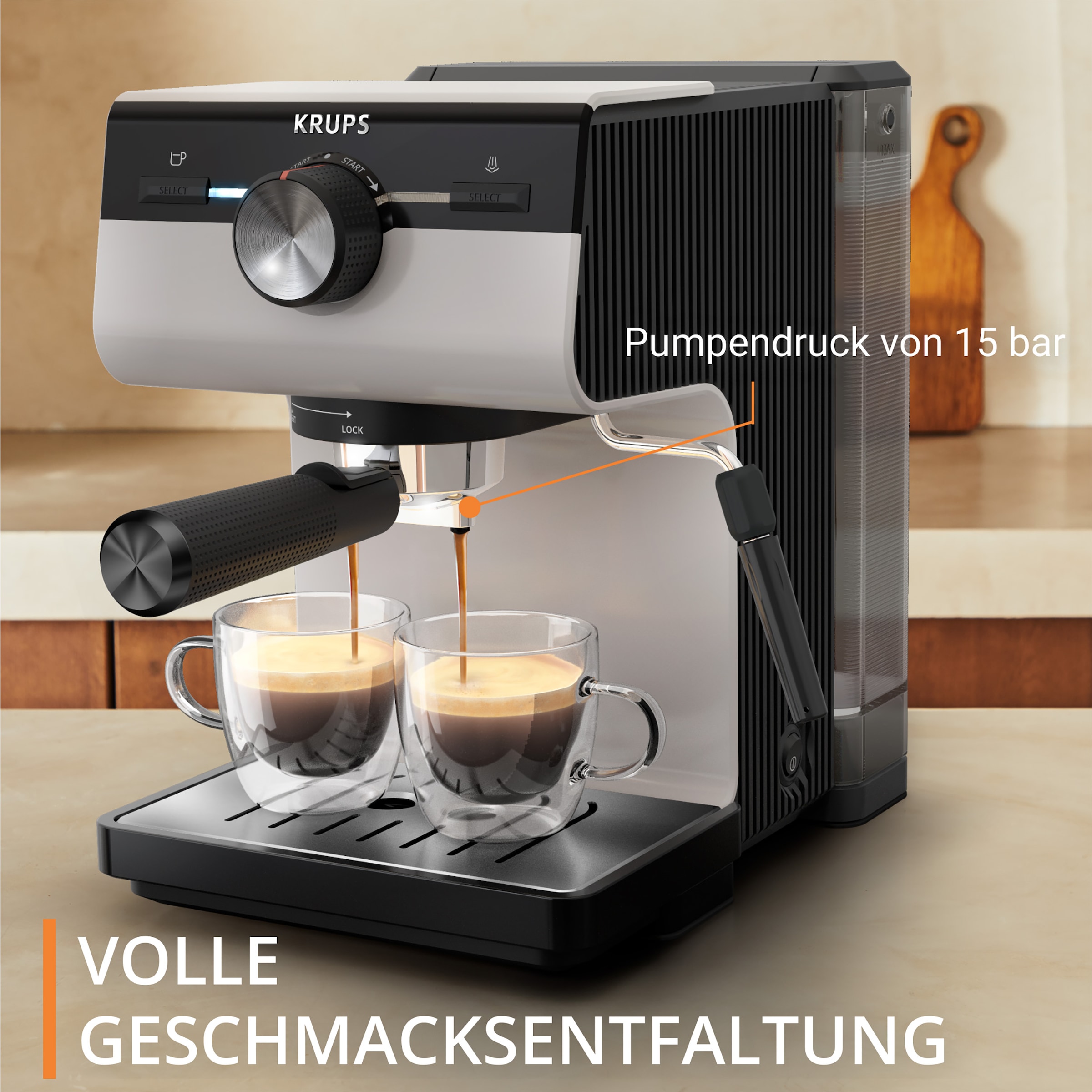 Krups Siebträgermaschine »XP381B Authentic«, intuitives Bedienfeld, Milch-Aufschäumdüse, 2 Siebeinsätze