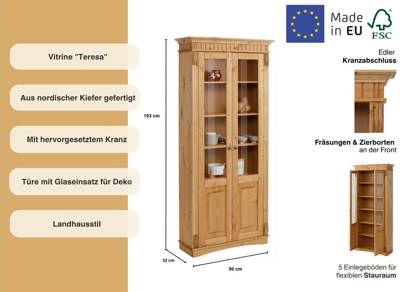 Home affaire Glasvitrine »Teresa«, (Maße (B/T/H): ca. 90/32/193 cm), mit 2 Glastüren, Höhe 193 cm, aus massiver Kiefer, FSC®