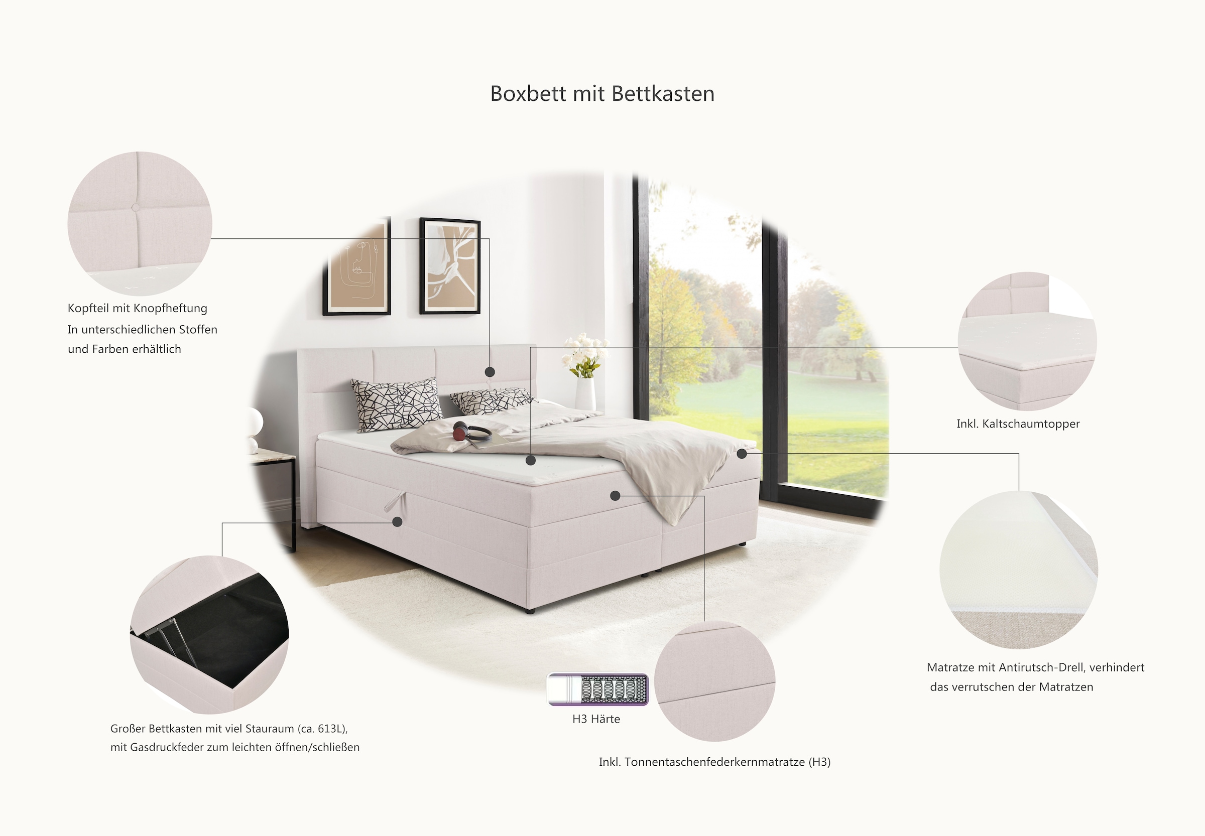 INOSIGN Boxbett »Fillmore inkl. Bettkasten, Liegefläche 180x200 cm, in Boxspring-Optik«, inkl. Topper, erhältlich in verschiedenen Farben