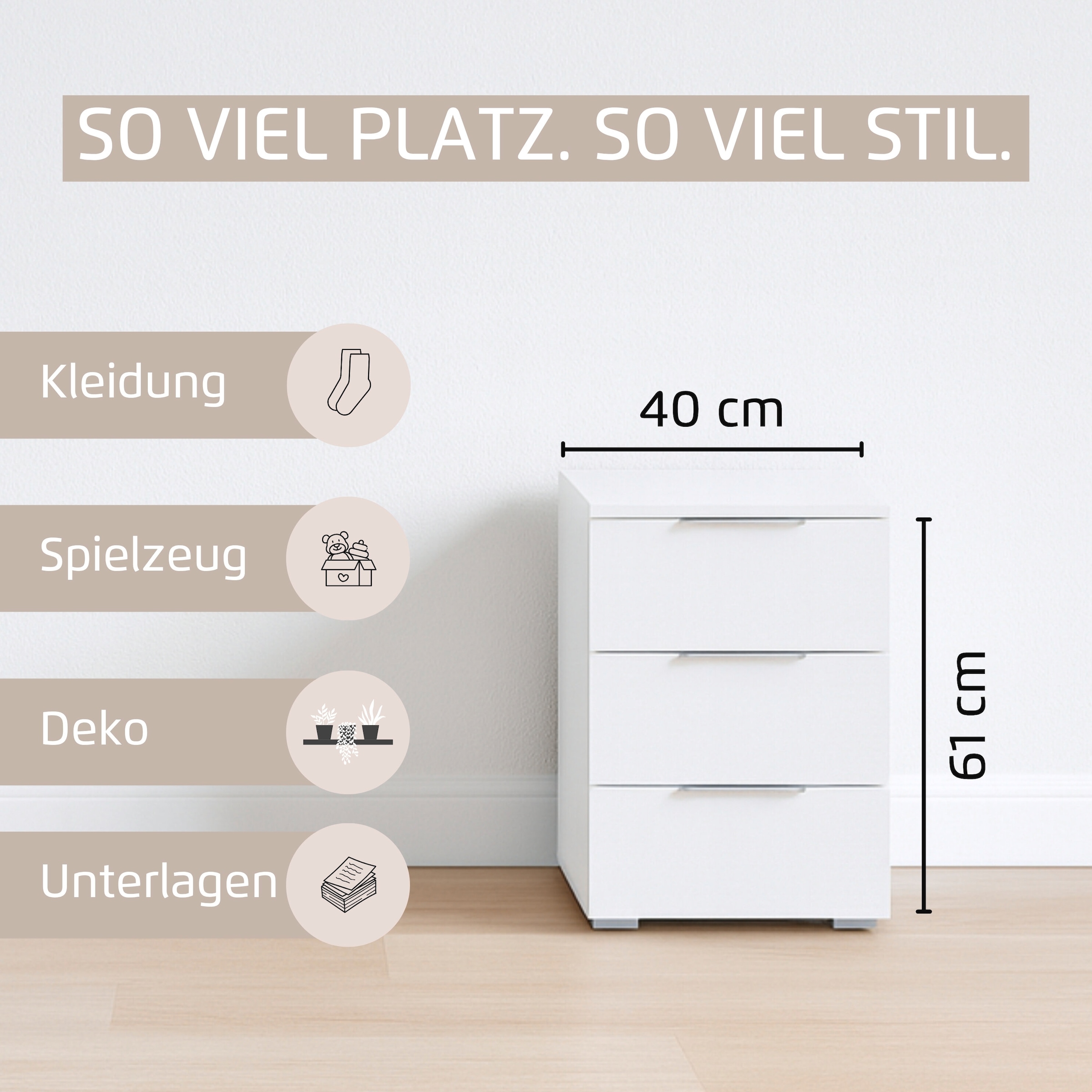 rauch Nachtkommode »Nachttisch Nachtkonsole Nachtschrank ASTANA« Breite 40 cm / Höhe 61 cm,  mit 3 geräumigen Schubladen, Kantengriff in Alufarben MADE IN GERMANY