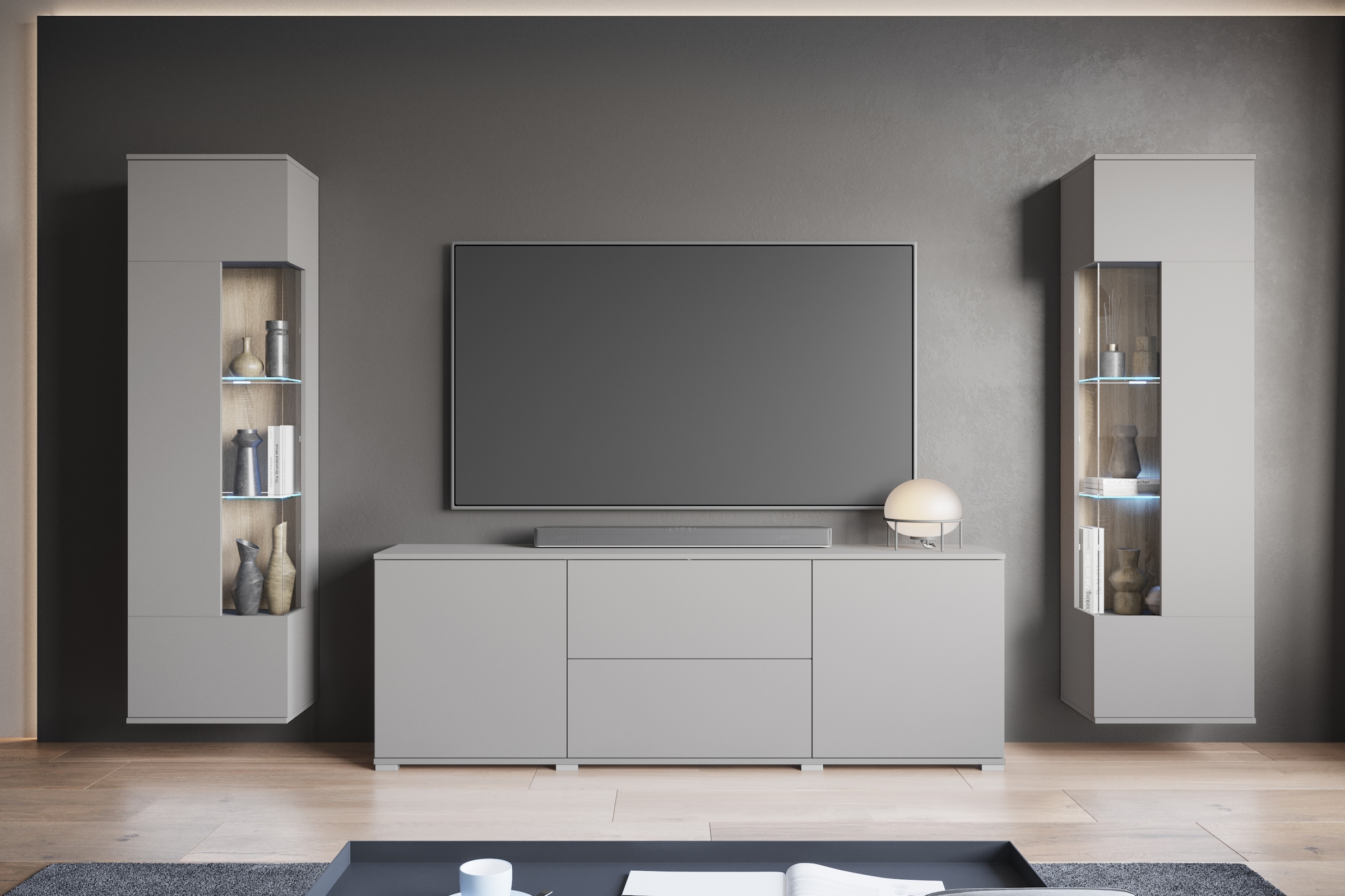 INOSIGN Wohnwand »KENIA«, (Komplett-Set, 3 St.), Vitrinen mit Eckverglasung, hängend und stehend montierbar