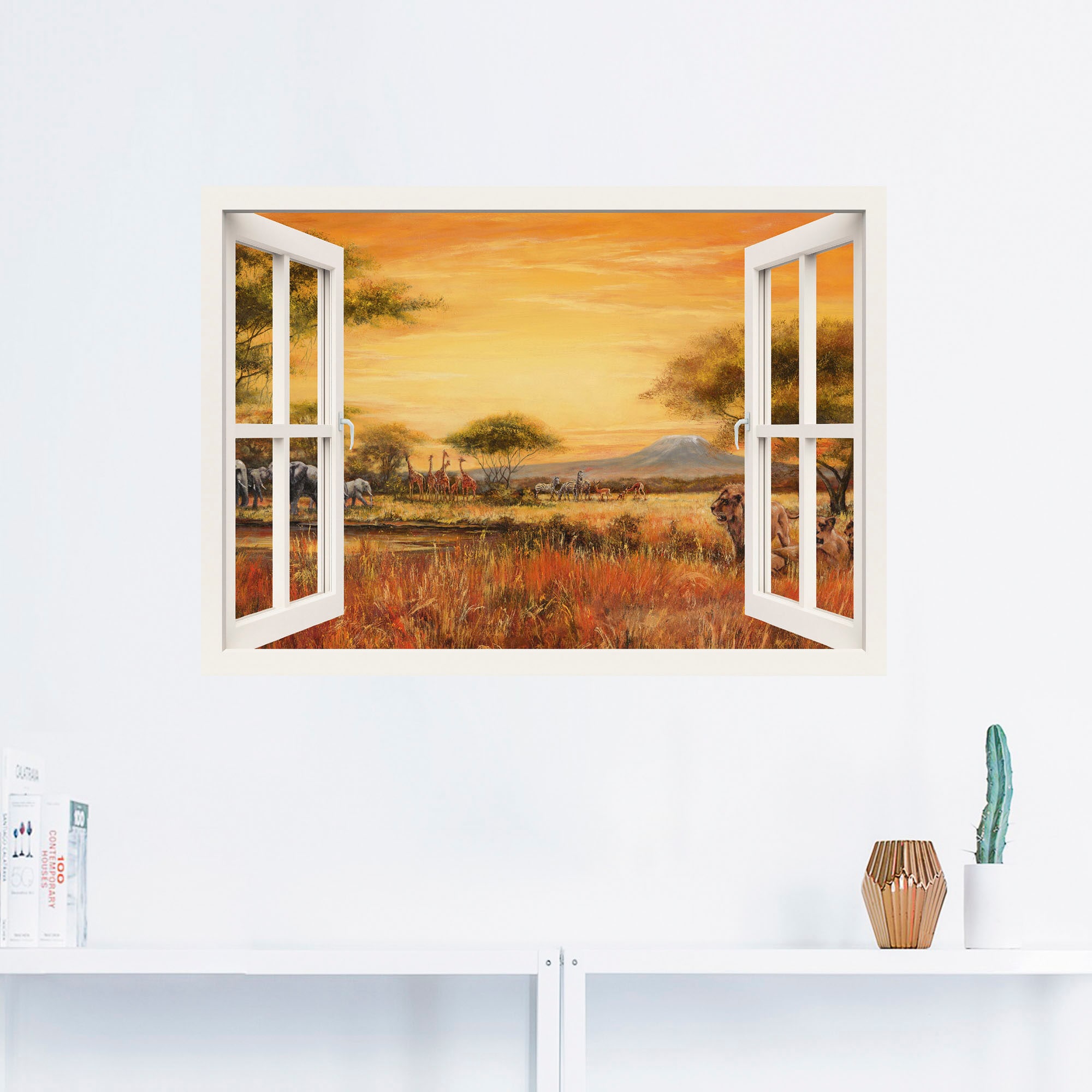 Artland Wandfolie »Afrikanische Steppe Löwen, weiß«, Fensterblick, (1 St.), selbstklebend
