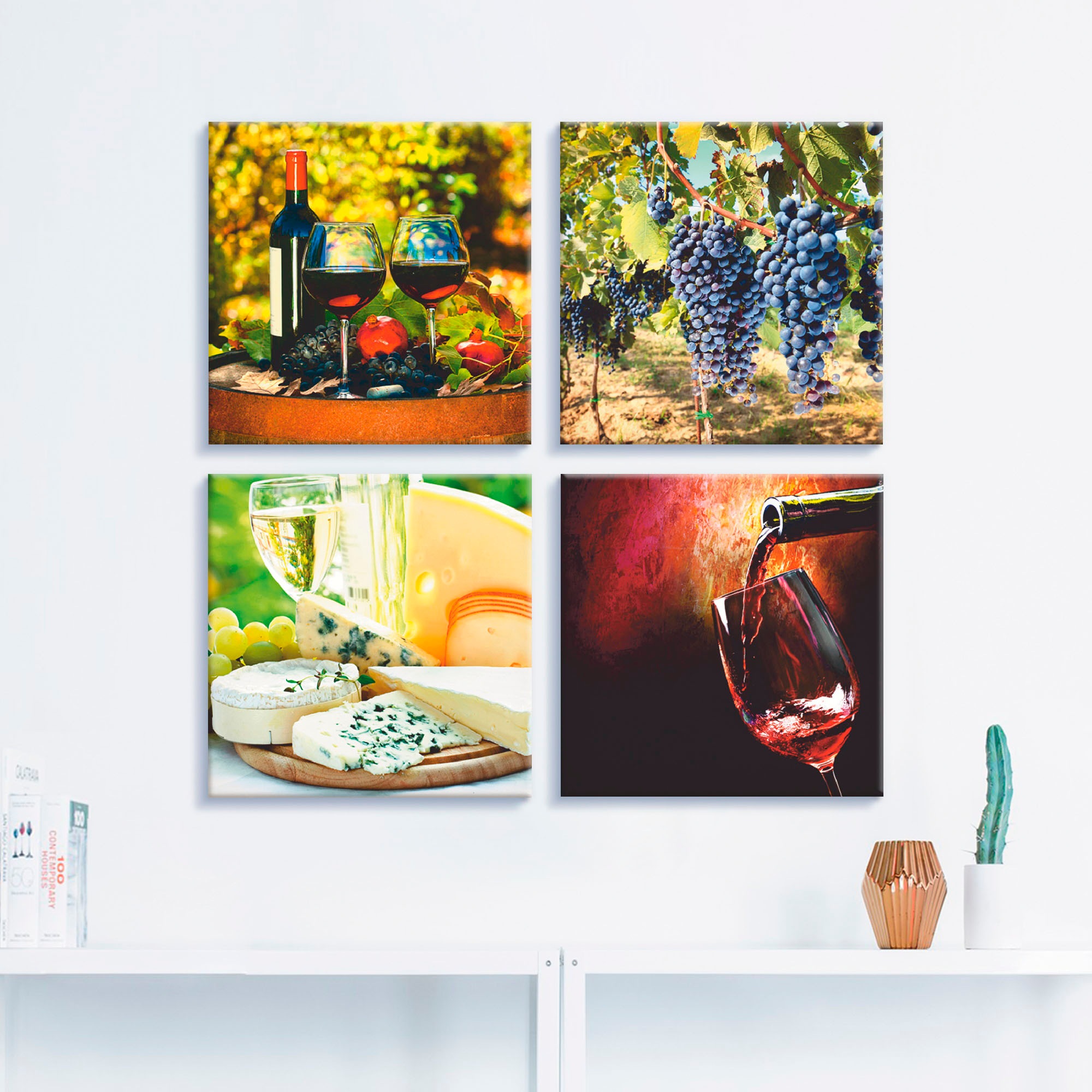 Artland Leinwandbild »Gläser Rotwein, Trauben, Käse«, Getränke, (4 St.), 4e günstig online kaufen