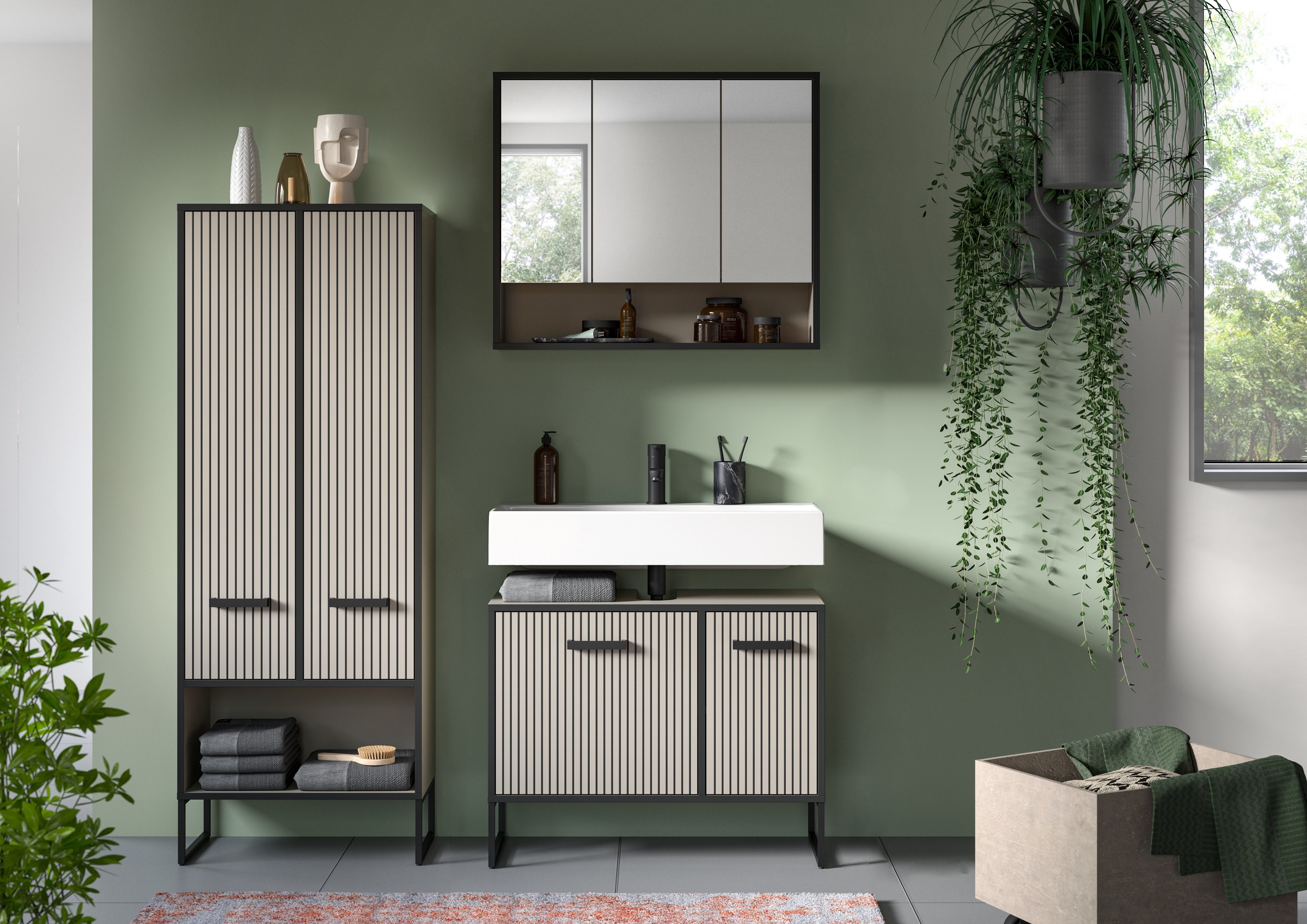 welltime Badmöbel-Set »Locri, Breite 154 cm, Rillenoptik, Metallkufen«, (3 St.), best. aus: Hochschrank, Waschbeckenunterschrank, Spiegelschrank