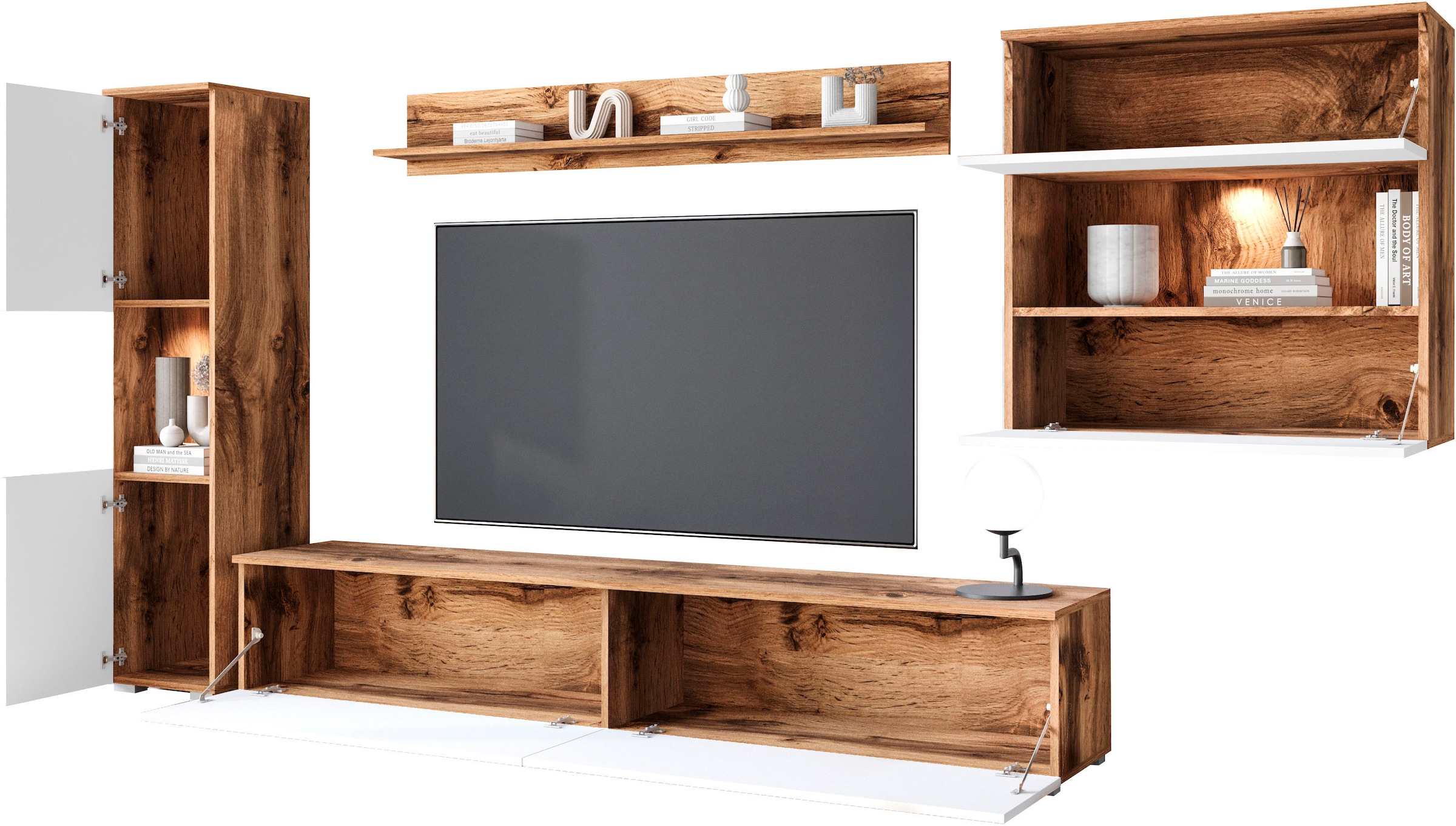 INOSIGN Wohnwand »PARIS«, (Komplett-Set, 4 St.), TV-Wand 300cm breite, grifflose Design, stehend und hängend montierbar