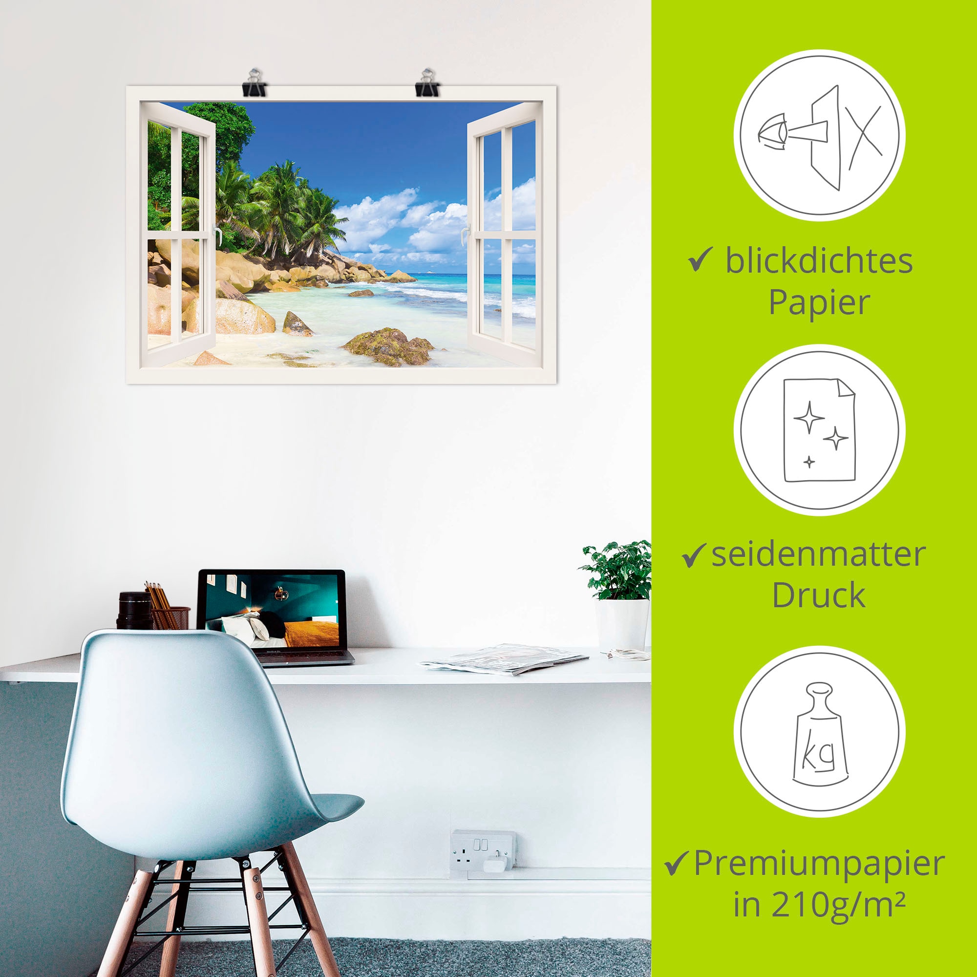 Artland Wandbild »Küste mit Palmen durchs Fenster« Karibikbilder 1 Stk. tlg. als Leinwandbild, Poster in verschied. Größen