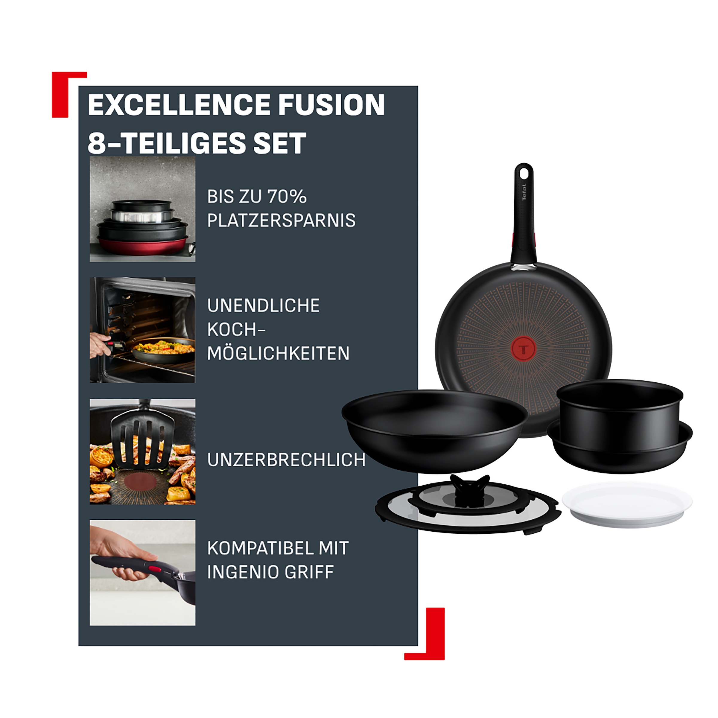 Tefal Pfannen-Set »Ingenio Excellence Fusion« Aluminium Set, 8 tlg. abnehmbarer Ingenio-Griff, Thermo-Signal, stapelbar, Induktion