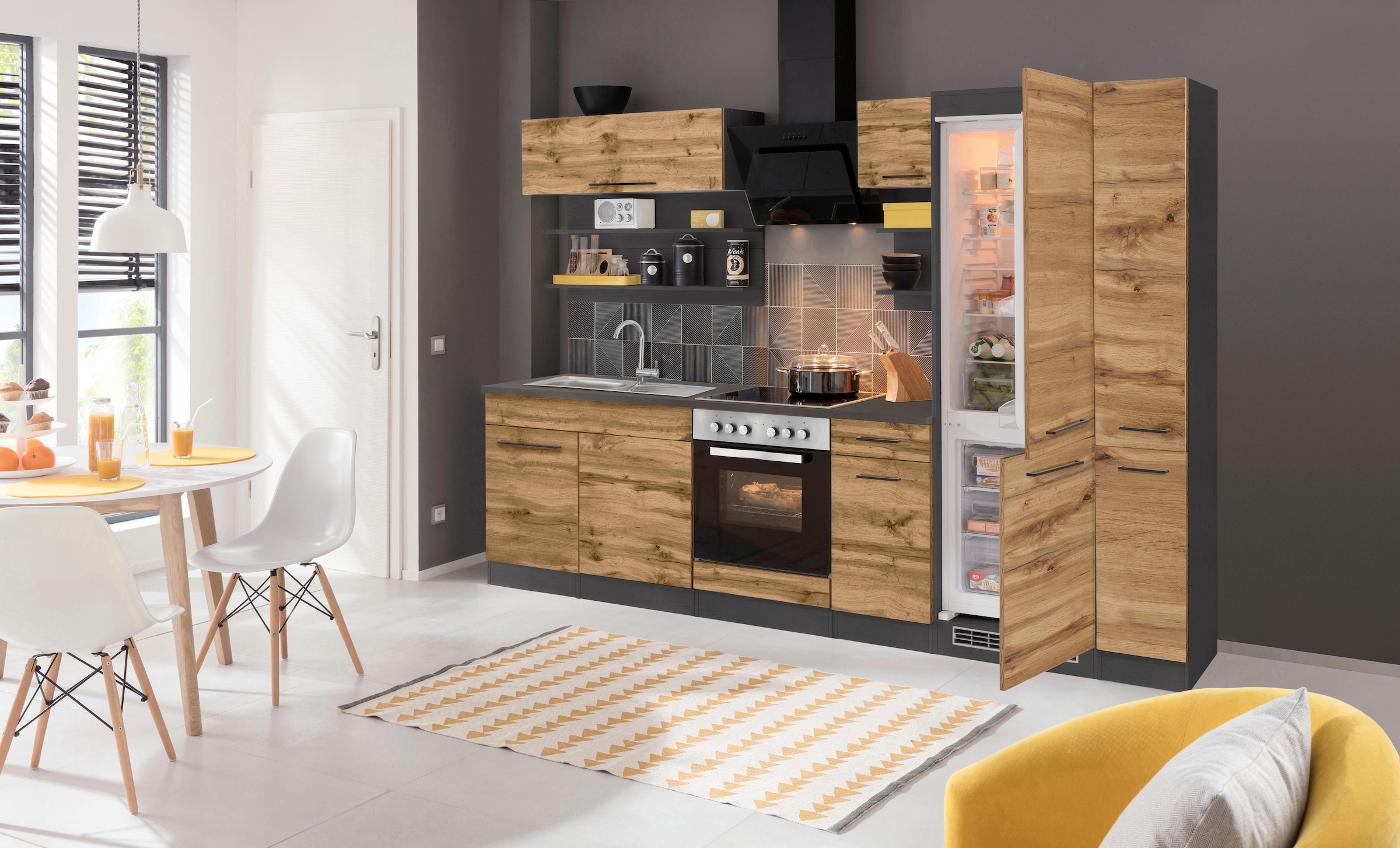 KOCHSTATION Küchenzeile »KS-Tulsa«, mit E-Geräten, Breite 300 cm, schwarze Metallgriffe, MDF Fronten