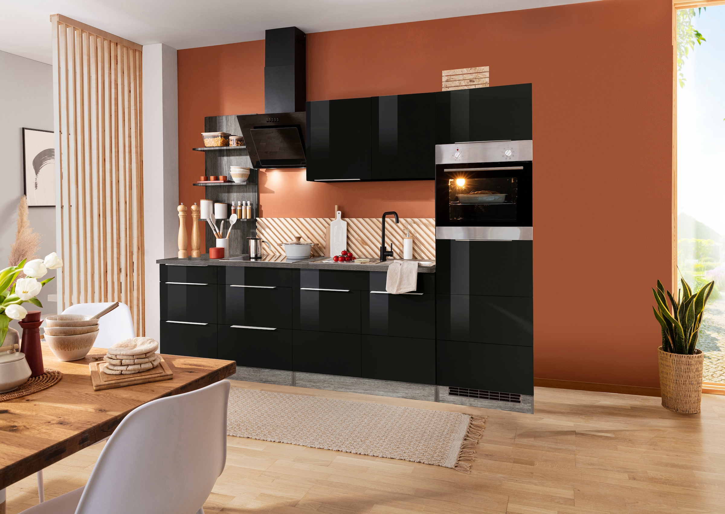 KOCHSTATION Küchenzeile »KS-Brindisi Breite 270 cm« wahlweise mit E-Geräten und Induktion, mit MDF-Fronten und Regal