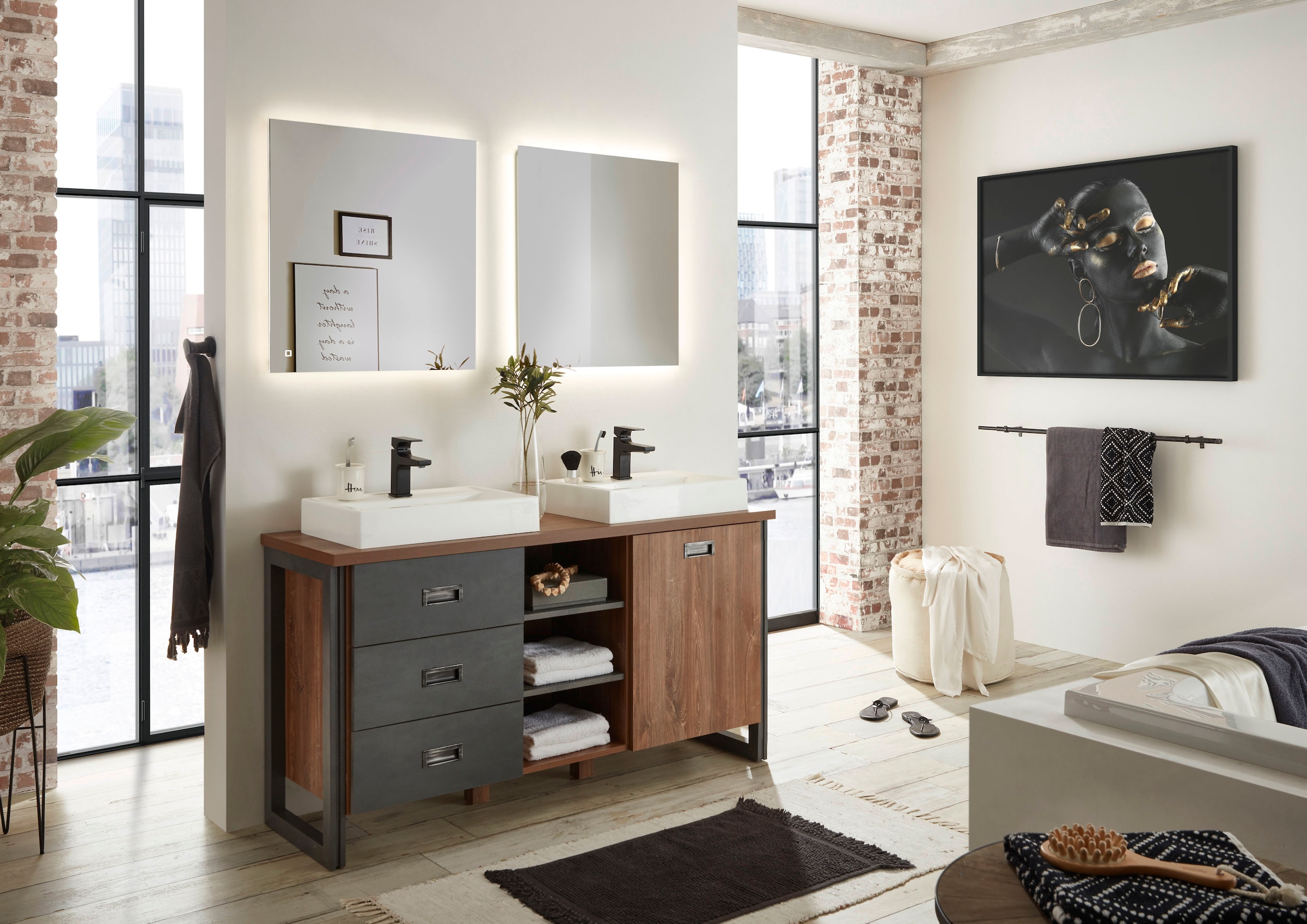 Home affaire Badmöbel-Set »Detroit, Bad im Industrialdesign, inkl. LED, 2-teiliges Badezimmer«, (3 St.), Waschtisch und Spiegel, inkl. zwei Aufsatzwaschbecken aus Mineralguss