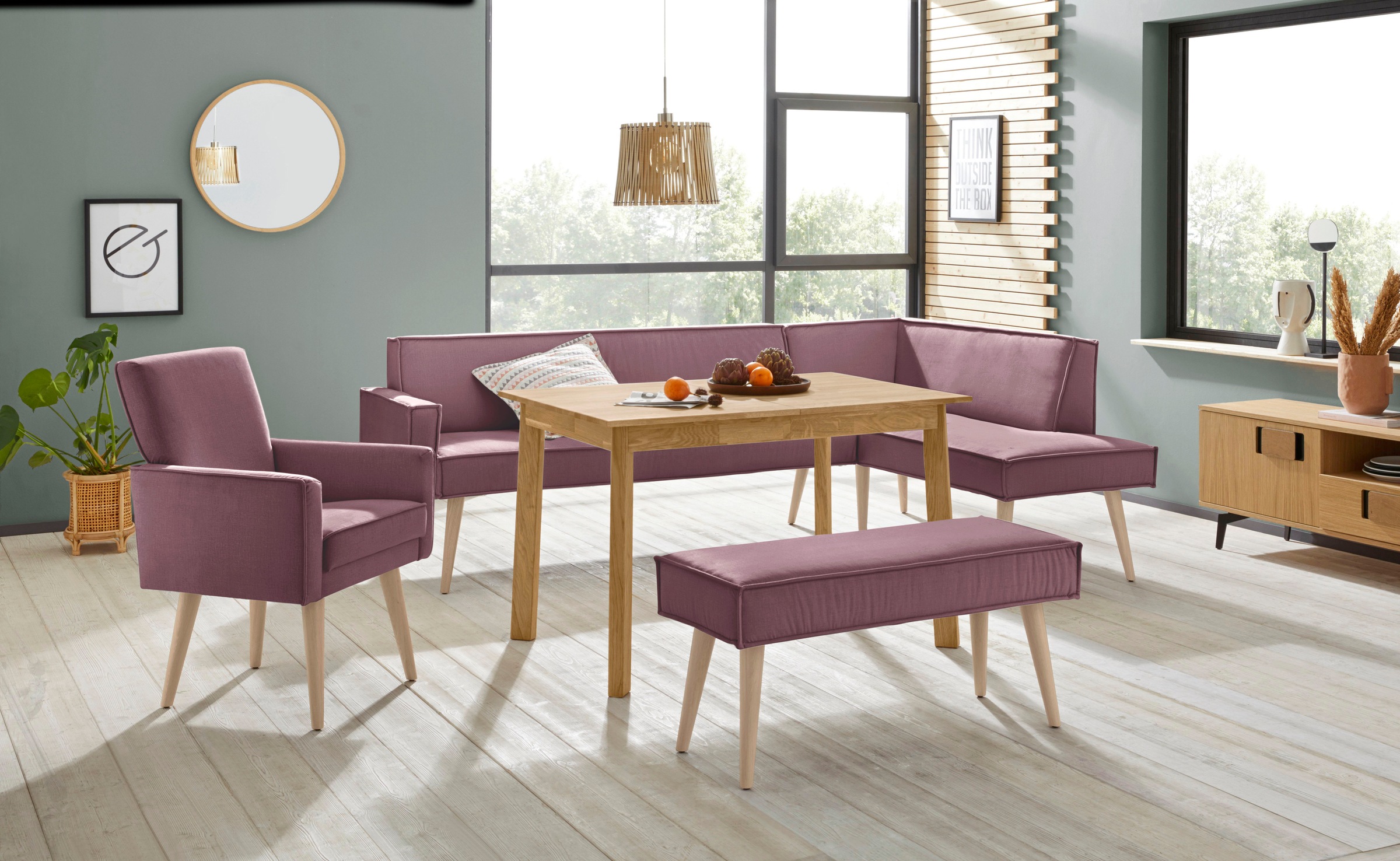 exxpo - sofa fashion Eckbank »Lungo, moderne Kedernaht, bequem und elegant, hoher Holzfuß«, hochwertige Detailverarbeitung, frei im Raum stellbar