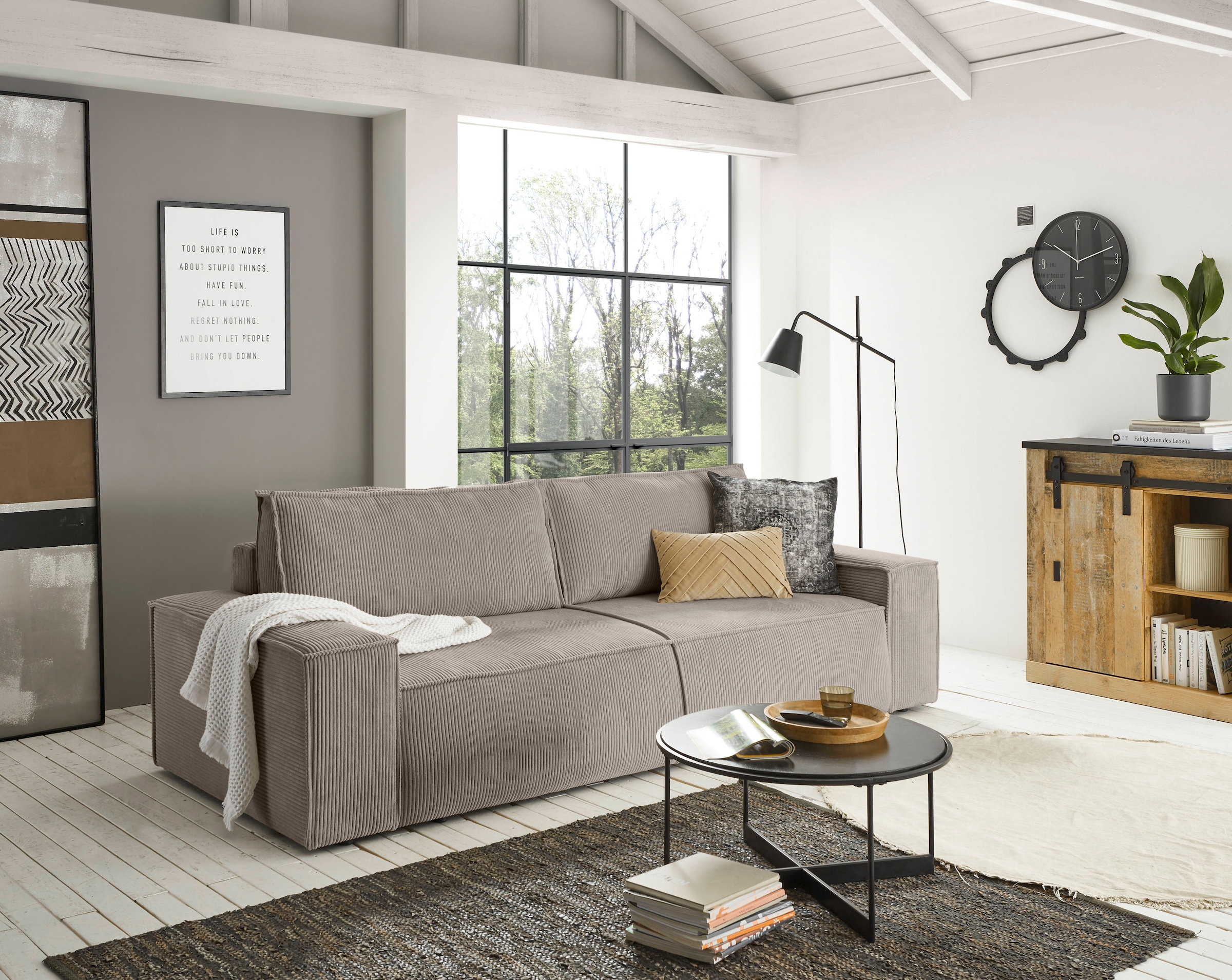 Home affaire 3-Sitzer »SHERWOOD Schlafsofa (257cm) Cord, Samtvelours, Vintage-Lederoptik«, Schlaffunktion mit Bettkasten (ca. 136/200cm)