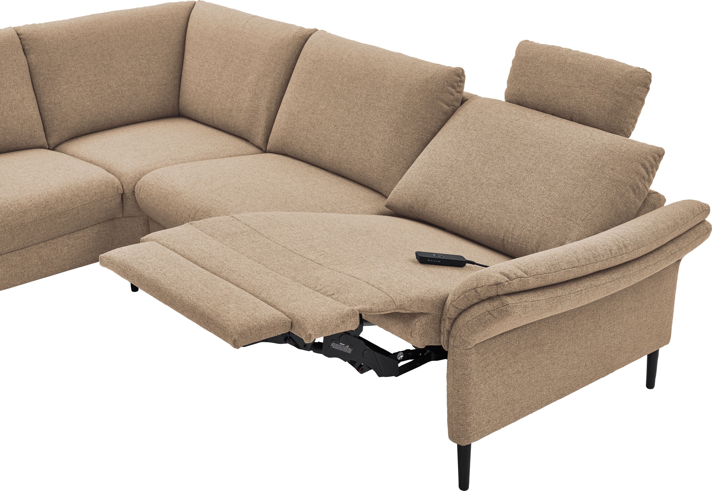 Places of Style Ecksofa »Sarsina: mit Tonnentaschen-Federkern, perfekt zum Entspannen L-Form«, inklusive 2 motorischen Relaxfunktionen mit Herz-Waage-Beschlag