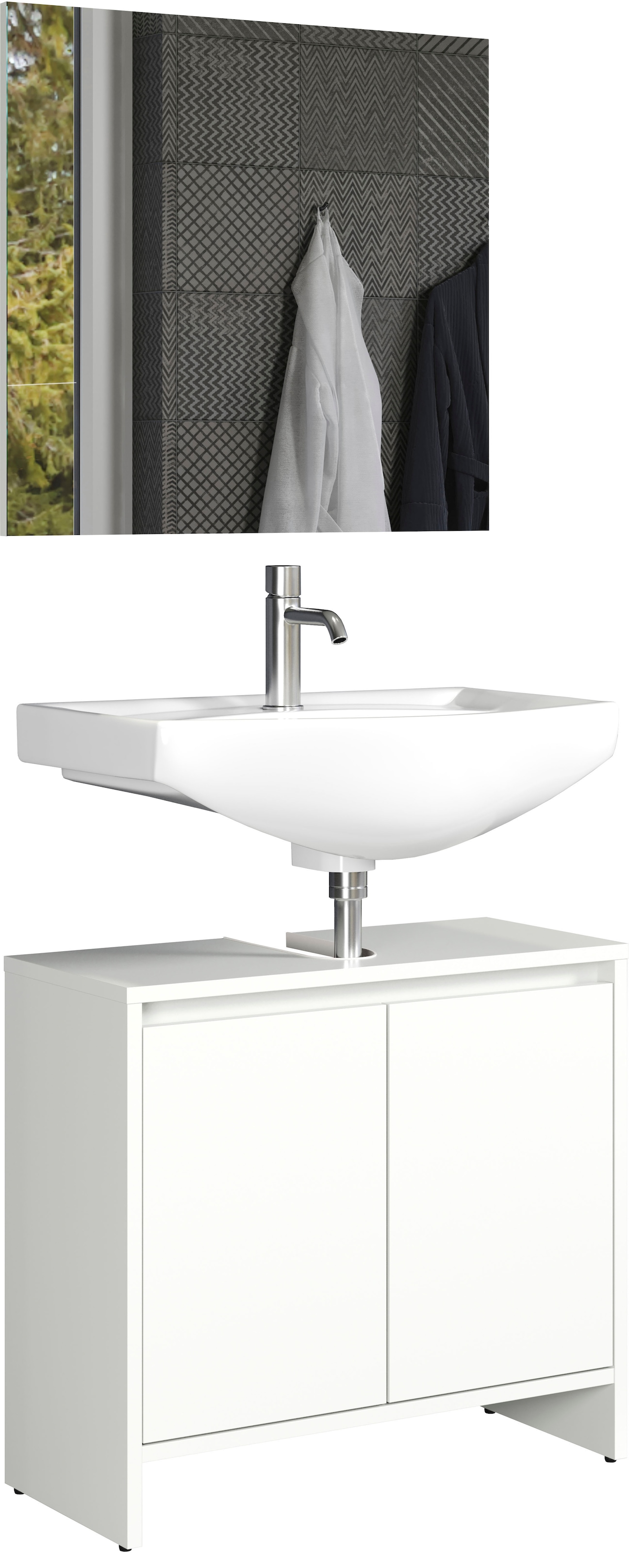 INOSIGN Badmöbel-Set »Banta«, (2 St.), Griffloser Waschbeckenunterschrank in Weiß matt und Wandspiegel