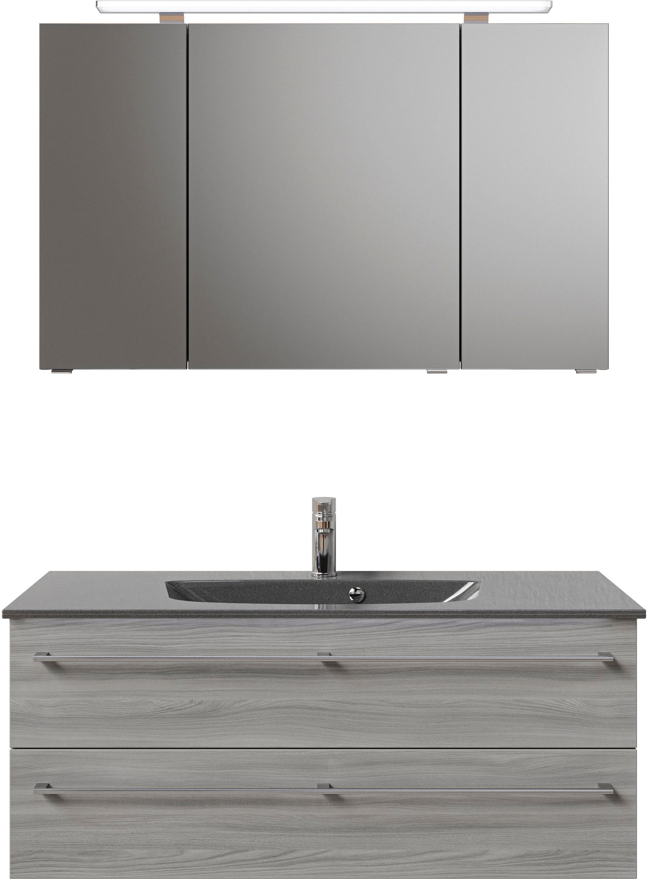 Saphir Badmöbel-Set »Serie 6025 2-teilig Mineralmarmor-Waschtisch mit LED-Spiegelschrank«, (2 St.), Waschplatz 117cm breit, 2 Schubladen, 3 Spiegel-Türen, inkl Türdämpfer