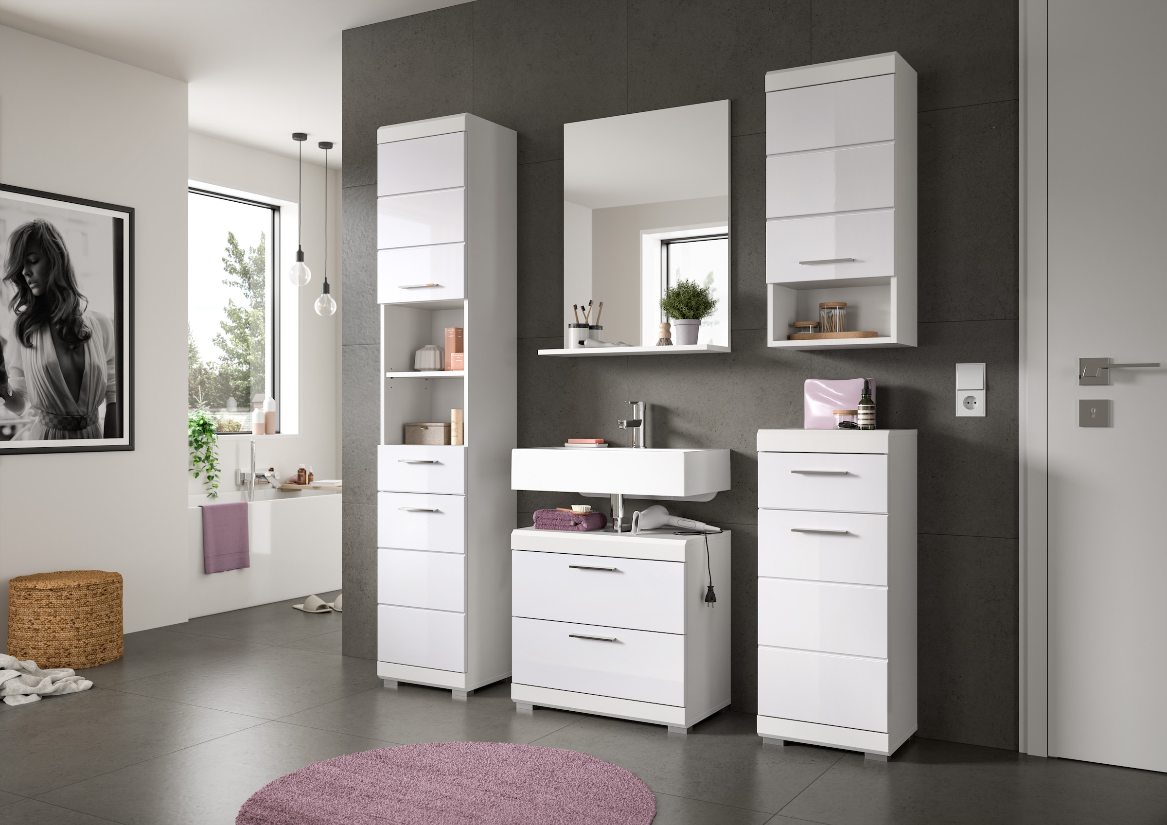 INOSIGN Badmöbel-Set »Siena, 5 teilig, bestehend aus:«, (Set, 5 St.), Hochschrank, WBU, Spiegel, Unterschrank, Hängeschrank