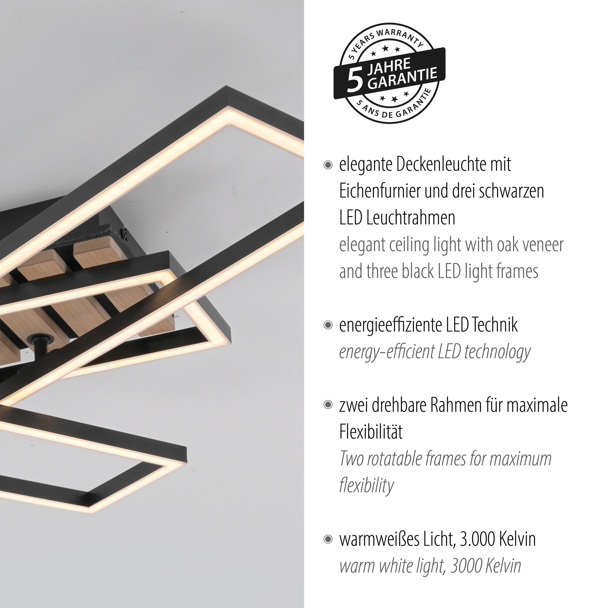 JUST LIGHT LED Deckenleuchte »AKUSTIKA« LED-Board 1 Stk. Warmweiß Eichenfurnier und schwarz, Rahmen drehbar