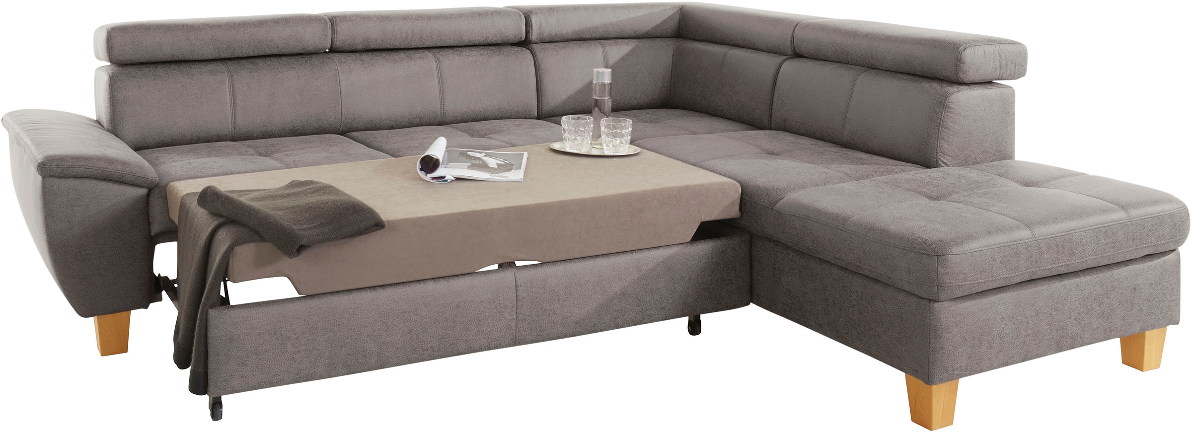 exxpo - sofa fashion Ecksofa »Enya, aufwendige Detailverarbeitung, hoher Sitzkomfort, bequem, L-Form«, mit Kopfteilverstellung, wahlweise Bettfunktion u. Bettkasten