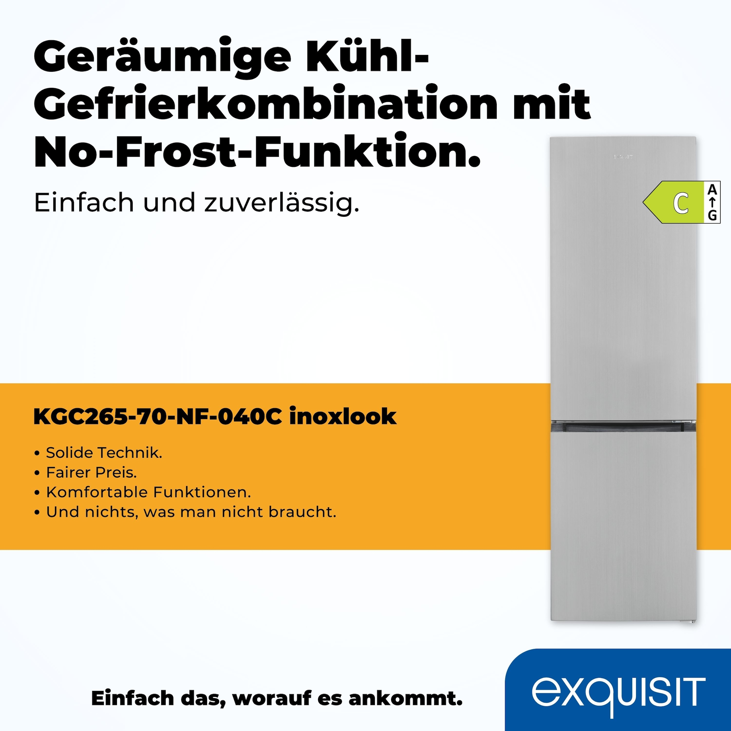 exquisit Kühl-/Gefrierkombination »KGC265-70-NF-040C«, Energieeffizienzklasse C, 253 Liter Nutzinhalt, Total NoFrost