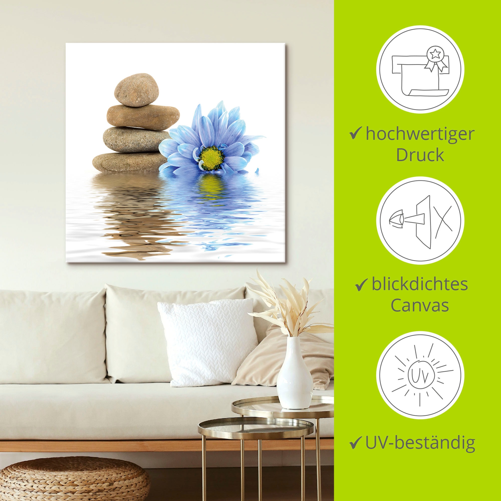 Artland Wandbild »Therapie-Steine mit einzelnen Blumen«, Zen, (1 St.), als Leinwandbild, Wandaufkleber in verschied. Größen