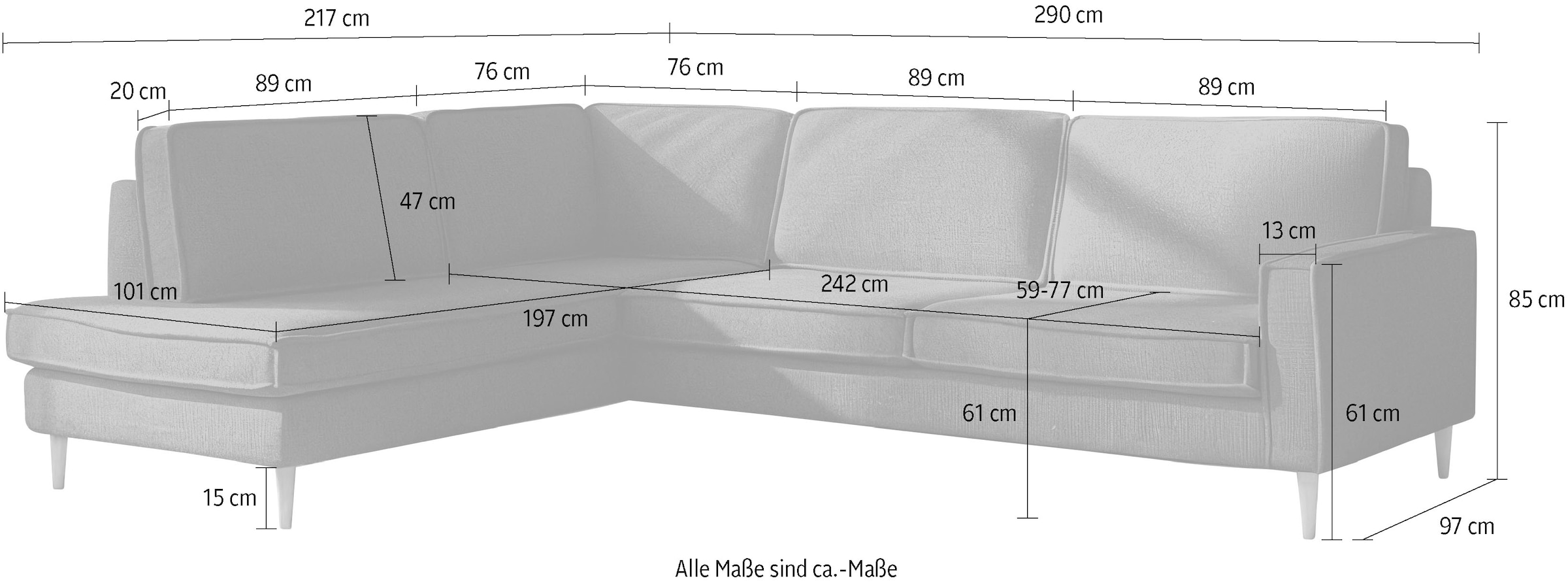 Home affaire Ecksofa »Pinto Skandi, 290 cm, Chenille, Struktur, Ottomane links / rechts« mit Keder, Massivholzfüße Eiche geräuchert, Wellenunterfederung