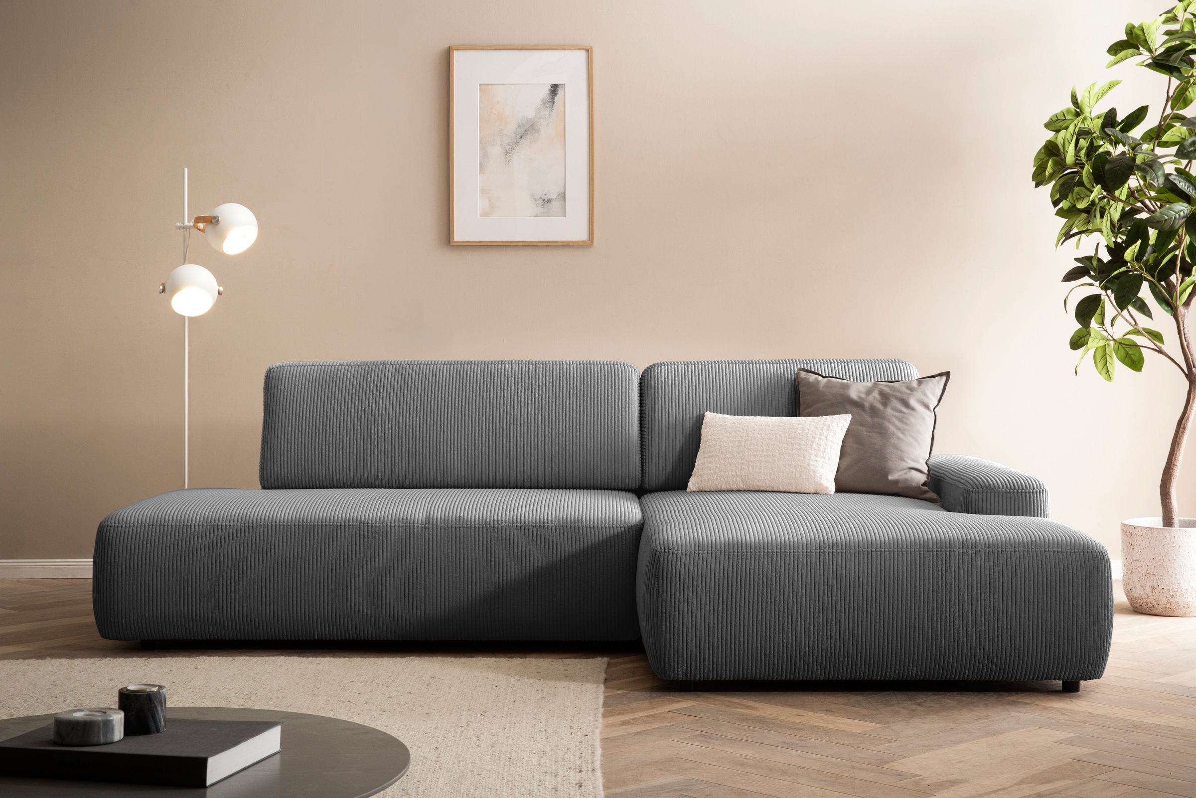 INOSIGN Ecksofa »TORGE, Schlafsofa Cord, Samtvelours u. Strukur fein, Couch in L-Form«, Schlaffunktion und Bettkasten, Liegefläche: 210x125 cm, neues Design