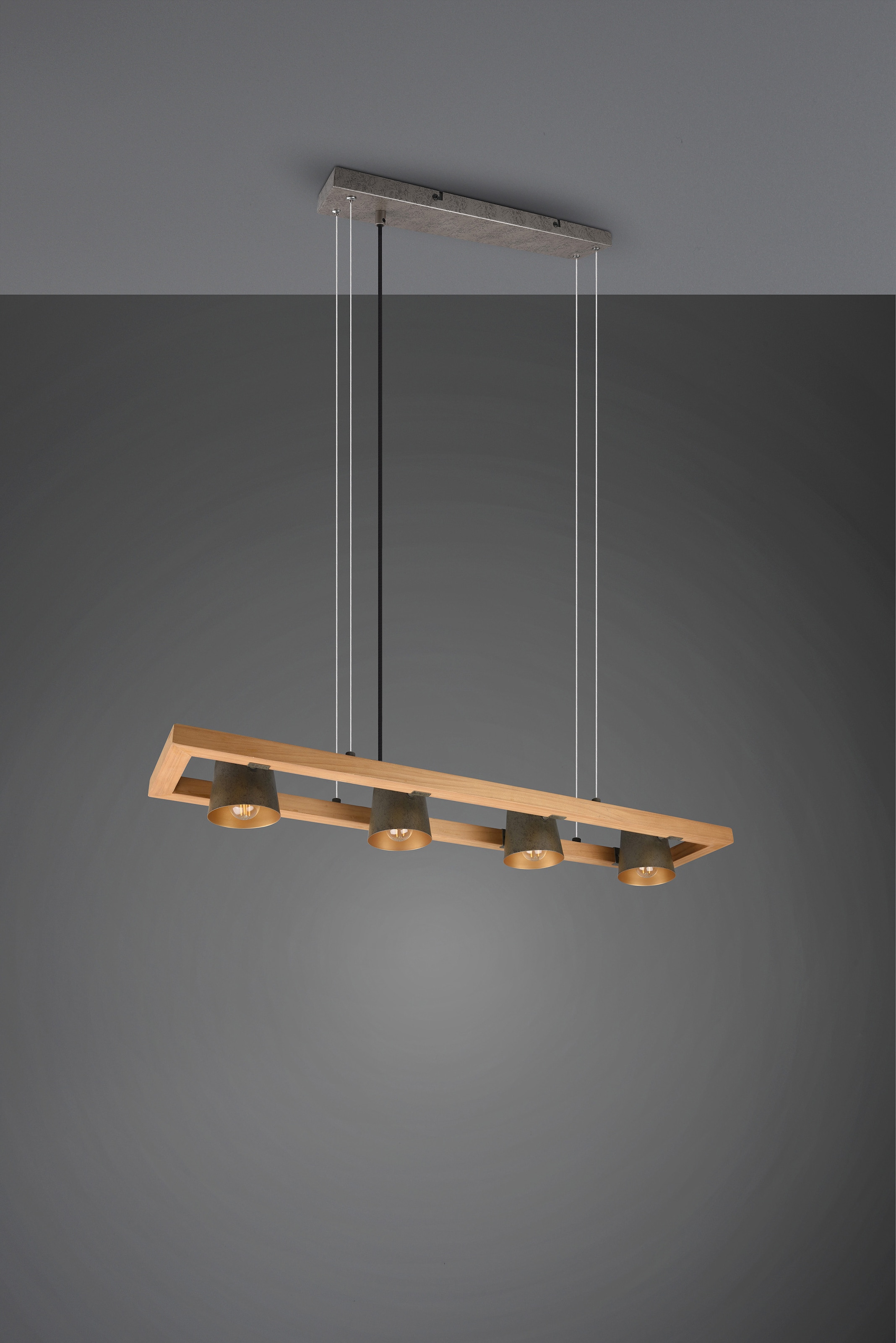 TRIO Leuchten Pendelleuchte »Bell«, 4 flammig, Leuchtmittel E14 | ohne Leuchtmittel-Leuchtmittel wechselbar, aus Holz mit Schirmen in Glocken-Design / Schirme nickel antik Optik