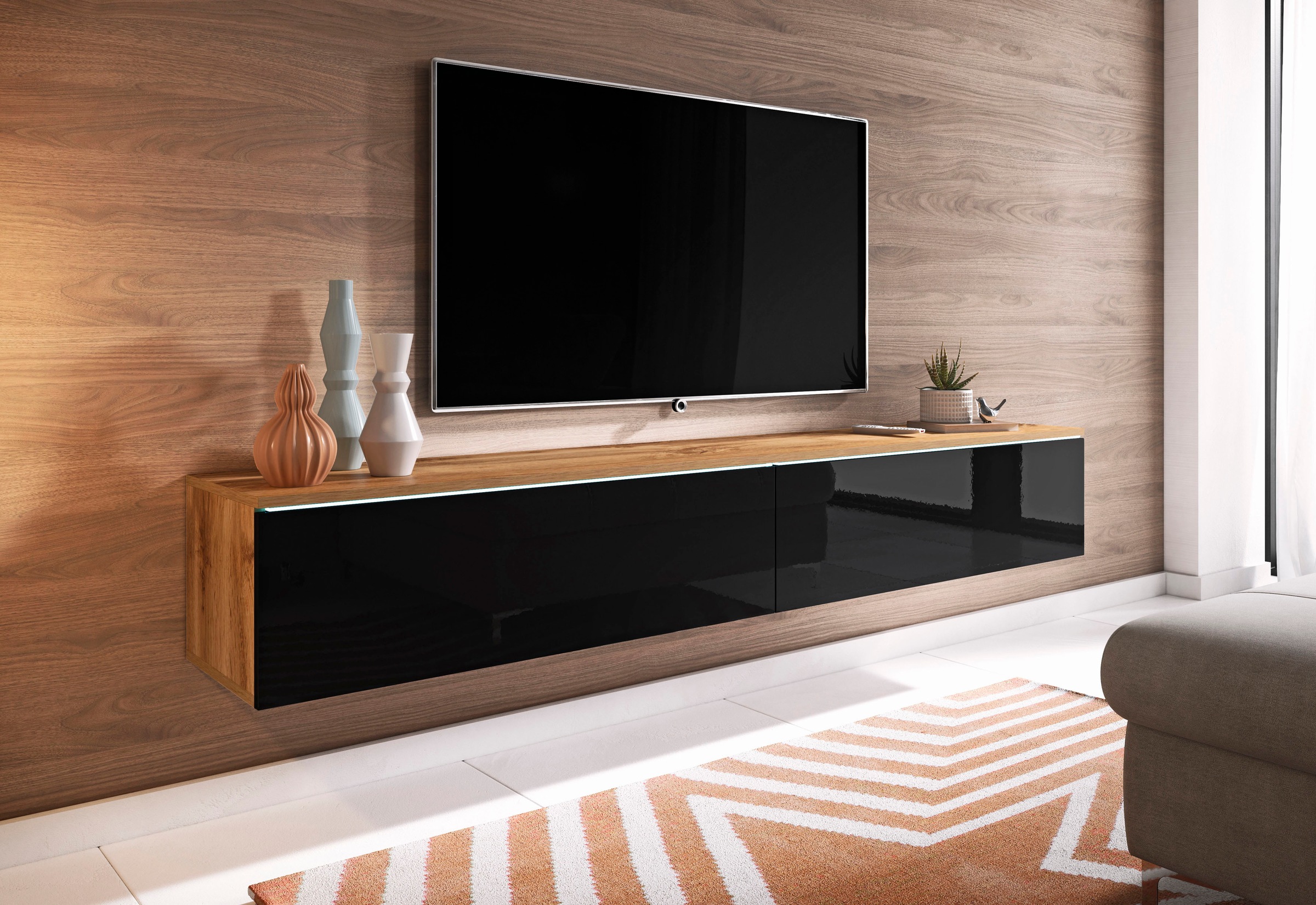 INOSIGN Lowboard »LOWBOARD VERA, wahlweise mit oder ohne Beleuchtung«, Modernes griffloses TV-Board, 180 cm TV-Schrank, stehend und hängend