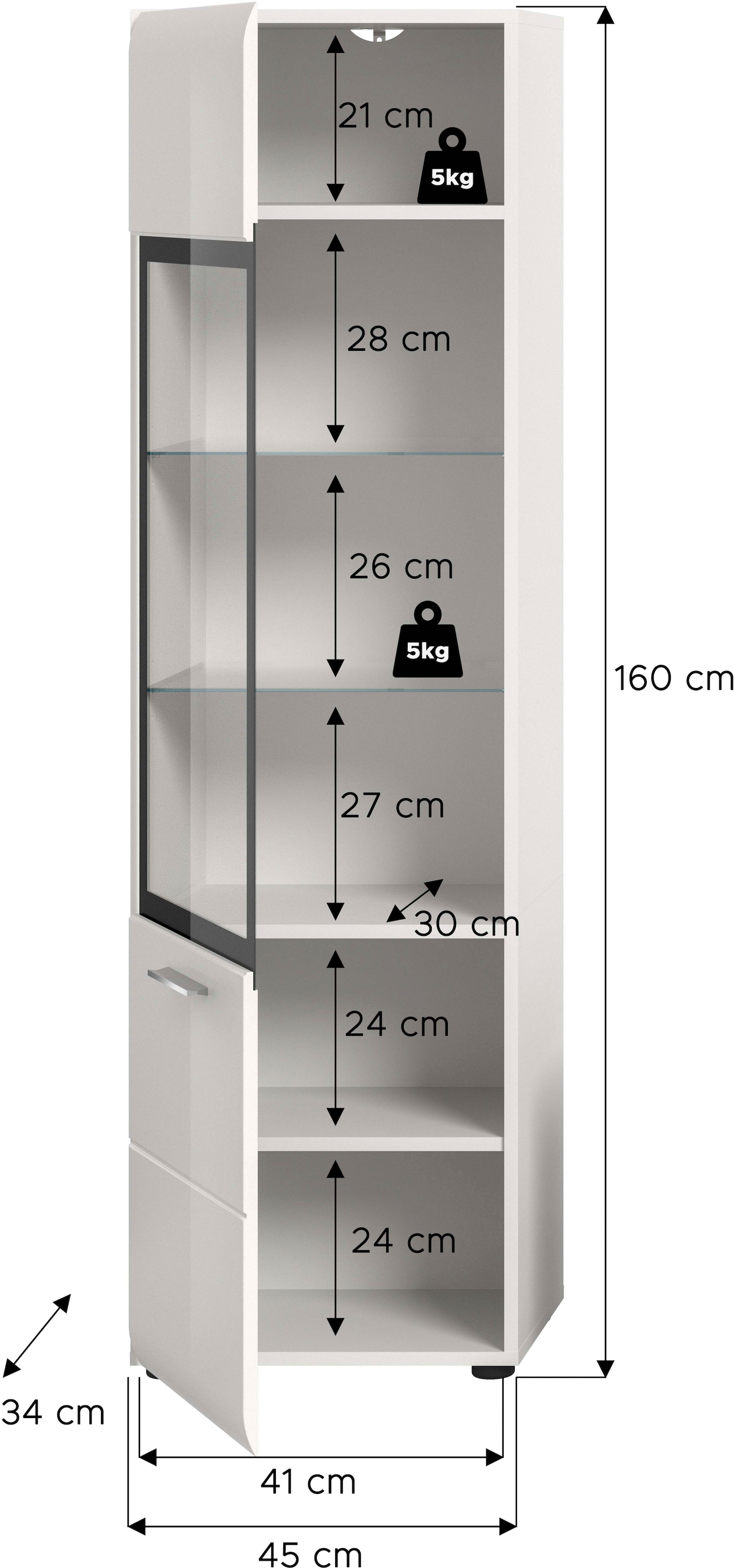 INOSIGN Vitrine »FLORENZ, Höhe: 160 cm, hochwertige MDF-Front, Glastür, Glasböden« 1 Stk. tlg. Vitrine, Vitrine weiß, Vitrinenschrank, Wohnzimmervitrine, Wohnzimmer