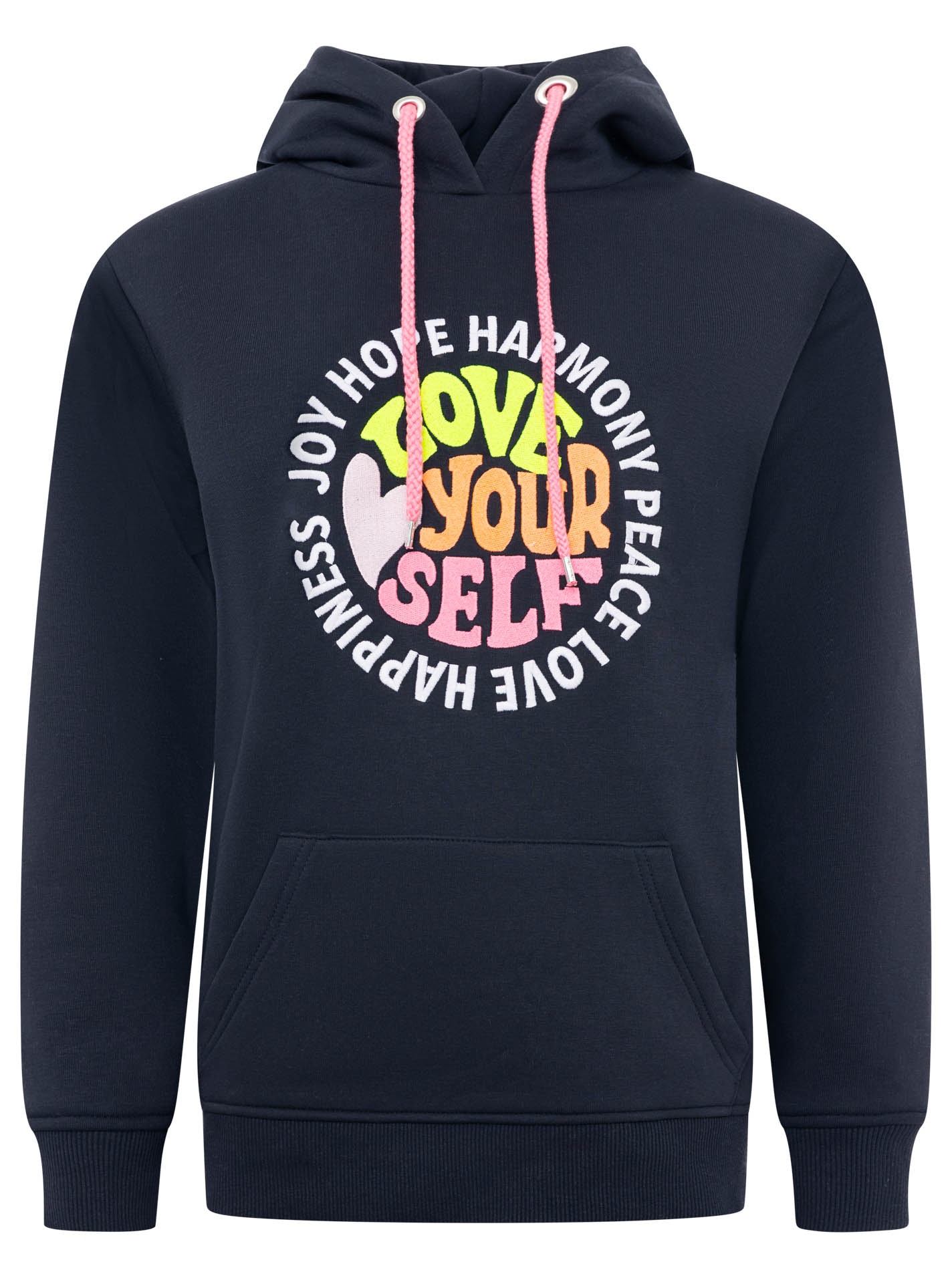 Zwillingsherz Hoodie »"Love Yourslef"«, runde große Frontstickerei, farbige Kordel, Kängurutasche
