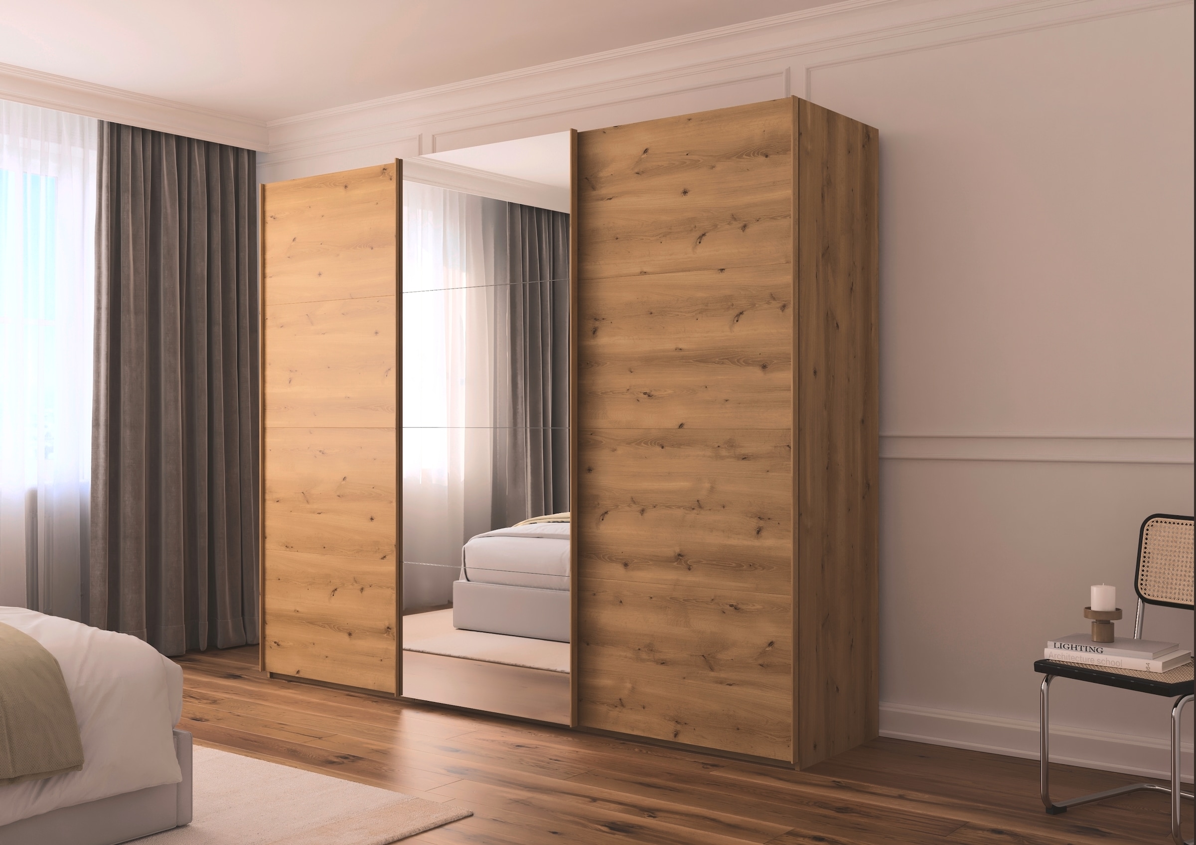rauch Schwebetürenschrank »Kleiderschrank Schrank Garderobe Schlafzimmerschrank SCALE-FYRA«, edle viergeteilte Türen mit Spiegel und vielen Farben MADE IN GERMANY