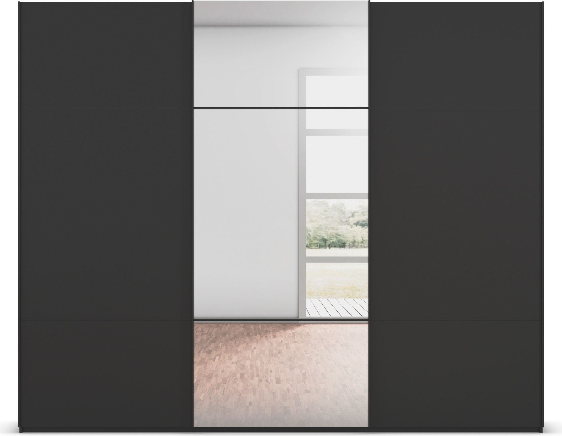 rauch Schwebetürenschrank »Kleiderschrank Schrank Garderobe Schlafzimmerschrank SCALE-TRIO«, edle dreigeteilte Front mit 2 Zierleisten und Spiegel MADE IN GERMANY