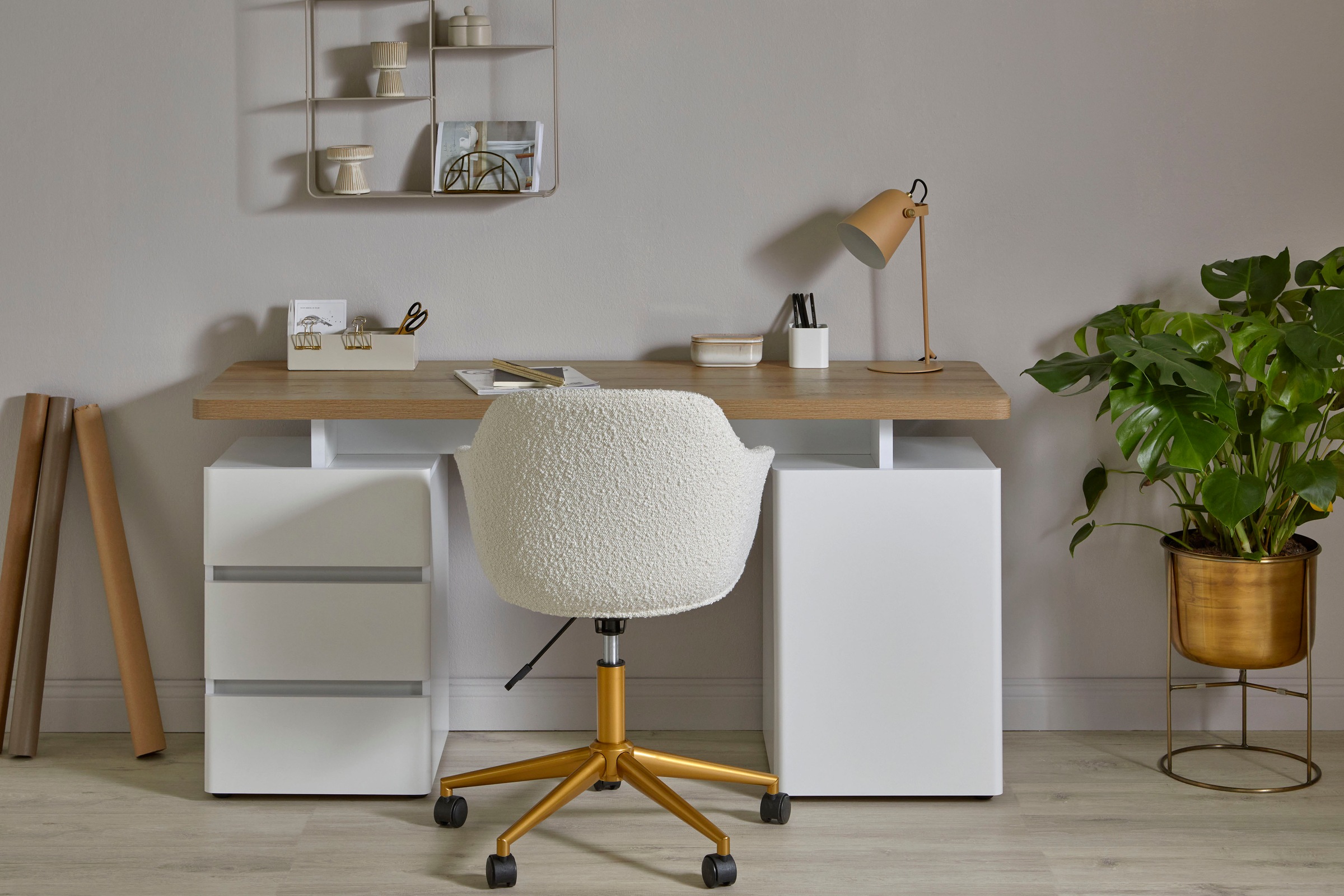 Jahnke Schreibtischstuhl »SHELL WORX«, 1 St., Bouclé, Büro-/ Schreibtischstuhl, höhenverstellbar, Samt, Gestell in Gold-Look
