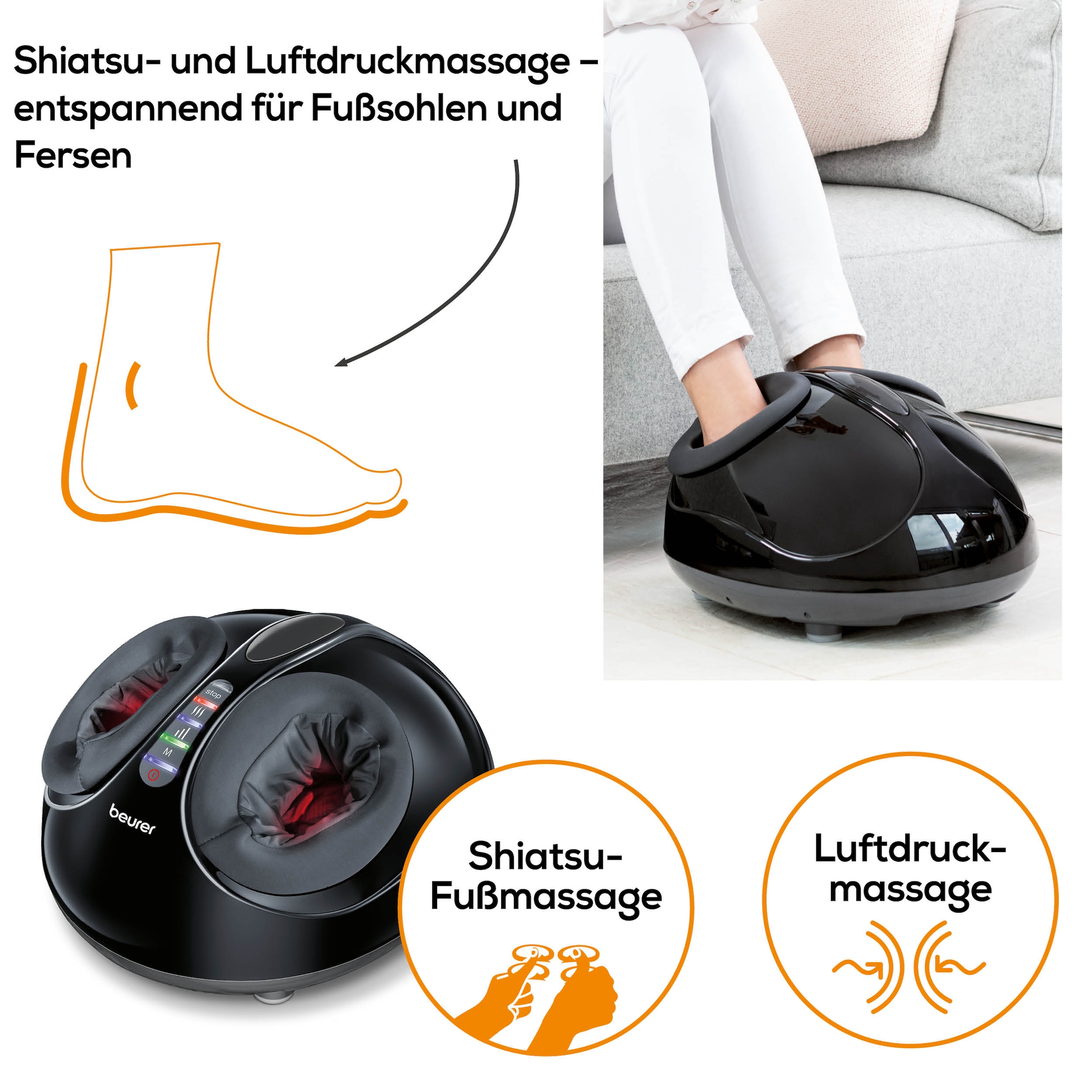 BEURER Fußmassagegerät »FM 90 mit Shiatsu- und Luftdruckmassage, durchblutungsfördernd«, Mit Wärmefunktion, 3 Intensitätsstufen, durchblutungsfördernd