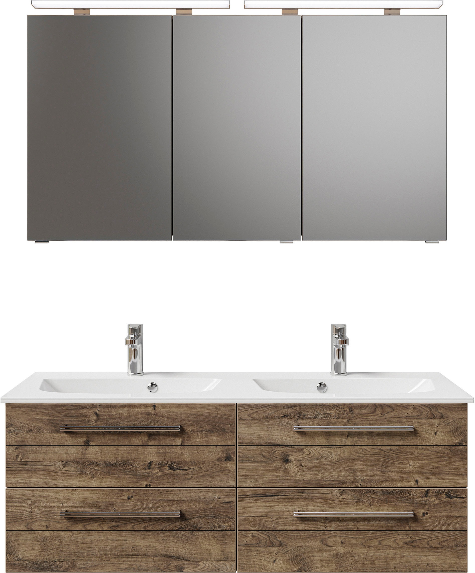 Saphir Badmöbel-Set »Serie 6025 2-teilig Mineralmarmor-Waschtisch mit LED-Spiegelschrank«, (2 St.), Waschplatz 132cm breit, 4 Schubladen, 2 Spiegel-Türen, inkl Türdämpfer