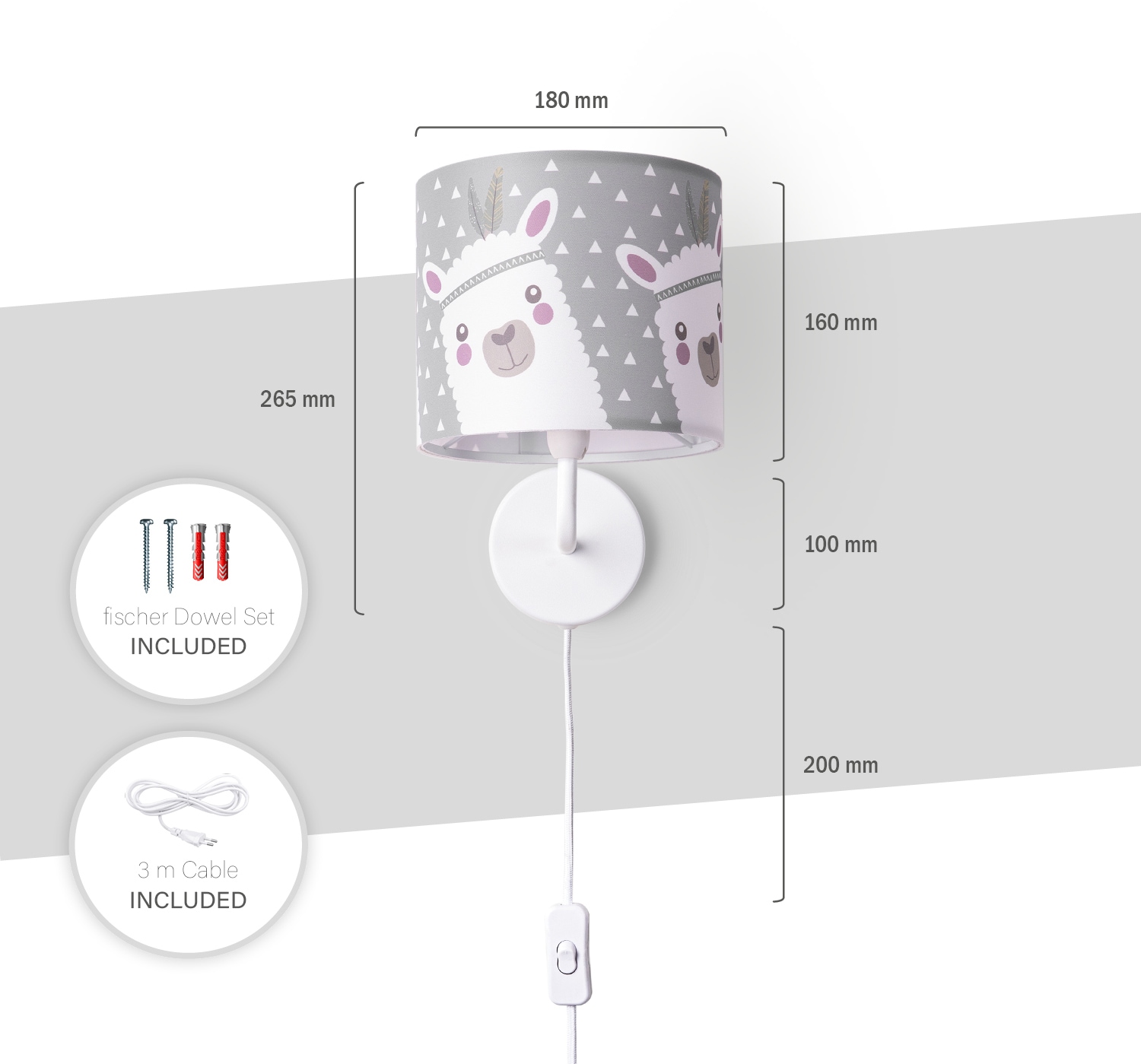 Paco Home Wandleuchte »Ela 214«, 1 flammig, Leuchtmittel E14 | ohne Leuchtmittel, Kinderlampe Wandlampe Mit Schalter Ø…18cm Lama Rosa Grau Kabel 3m E14
