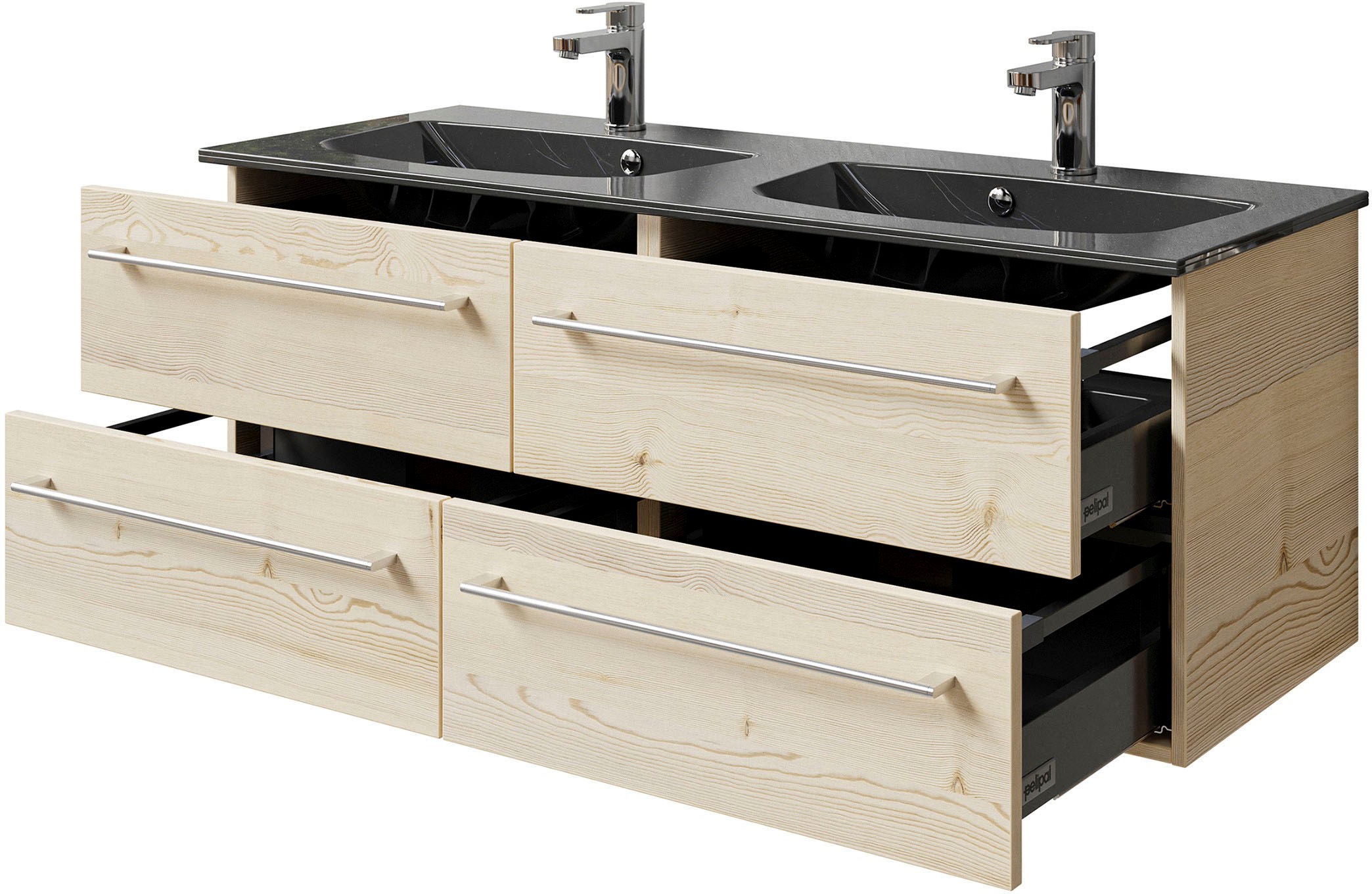 Saphir Badmöbel-Set »Serie 6025 2-teilig Mineralmarmor-Waschtisch mit LED-Spiegelschrank«, (2 St.), Waschplatz 132cm breit, 4 Schubladen, 2 Spiegel-Türen, inkl Türdämpfer
