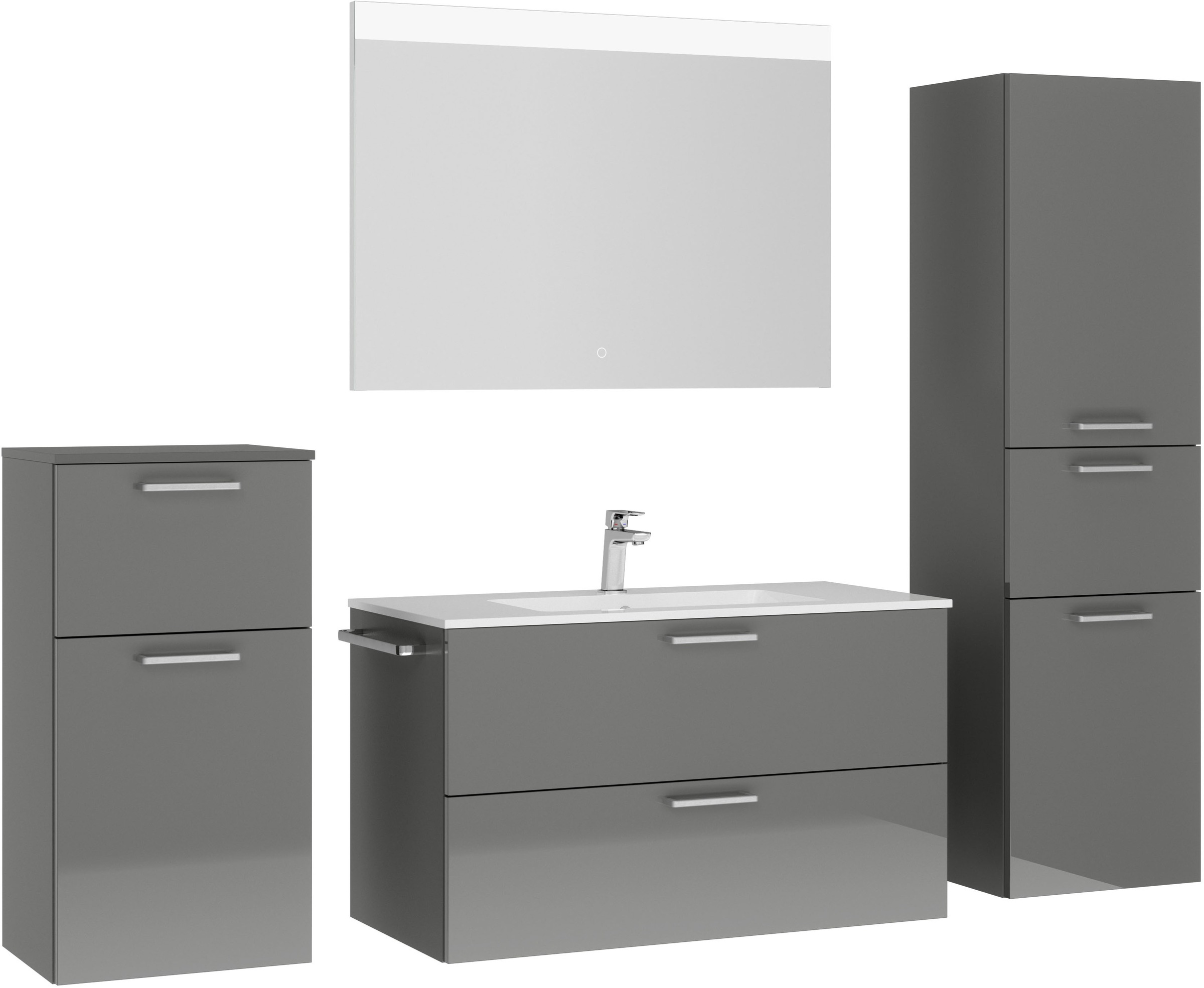 nobilia® Badmöbel-Set »Tolvina«, (4 St., vormontiert, mit Soft-Close), Hochglanz, inkl. Spiegel mit Touch-Sensor, in vier Breiten