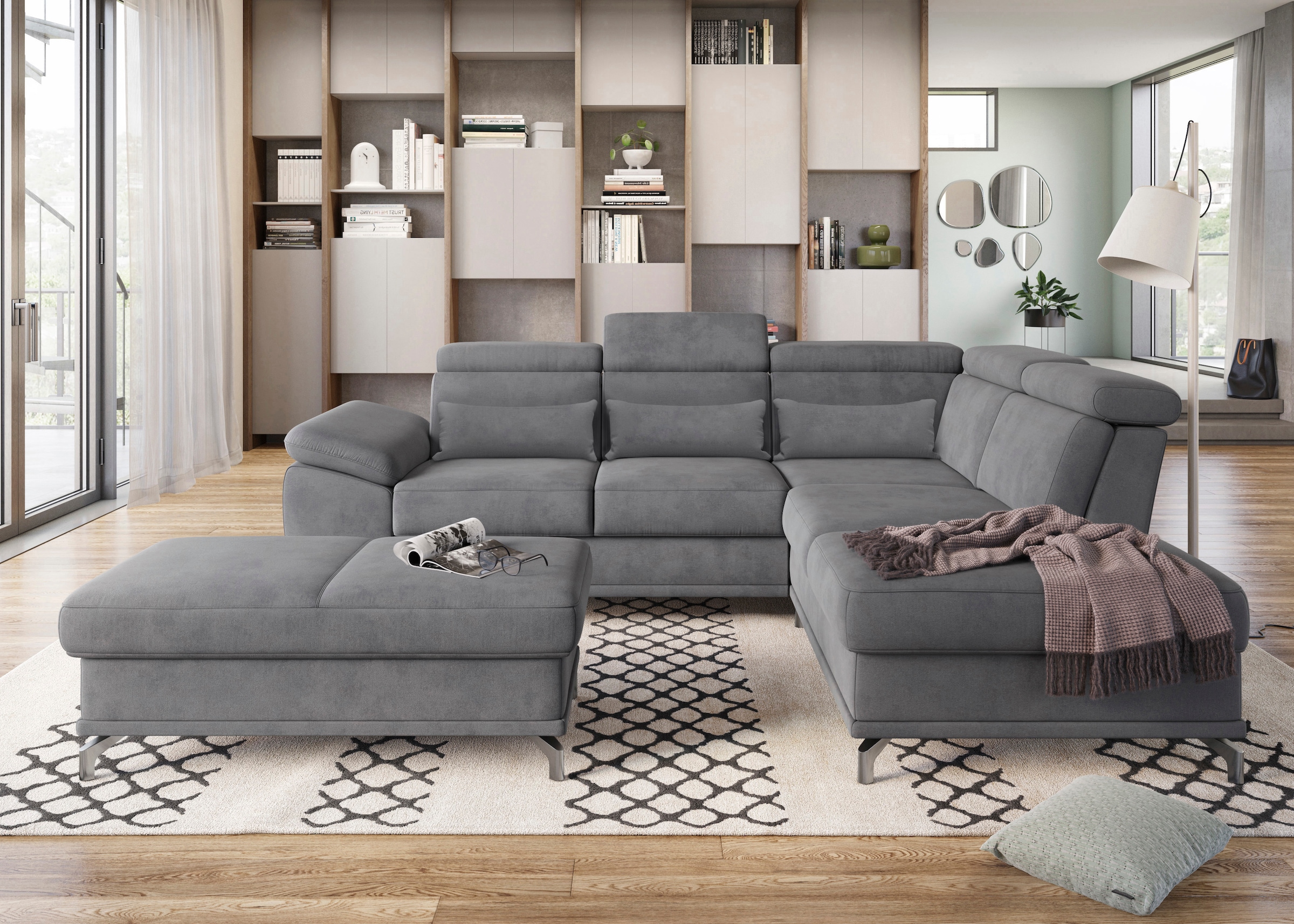 sit&more Ecksofa »Cabrio L-Form, mit Sitztiefenverstellung, Arm- und Kopfteilverstellung«, 3 Nierenkissen, Federkern, optional Bettfunktion und Stauraum