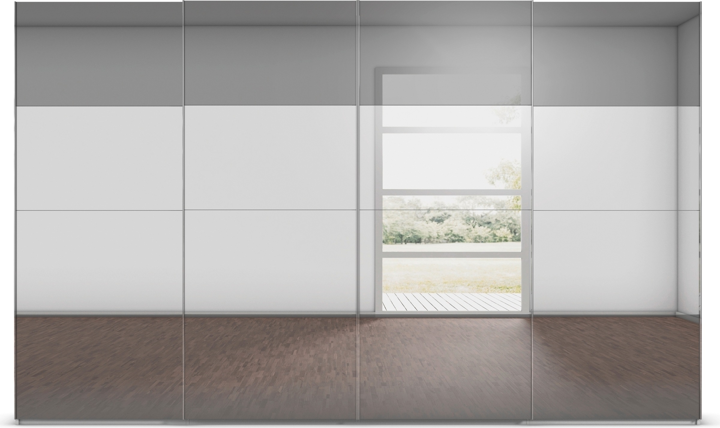 rauch Schwebetürenschrank »Kleiderschrank Schrank Garderobe Schlafzimmerschrank SCALE-FYRA«, edle Türen viergeteilt Front Spiegel-Mix viele Farben MADE IN GERMANY
