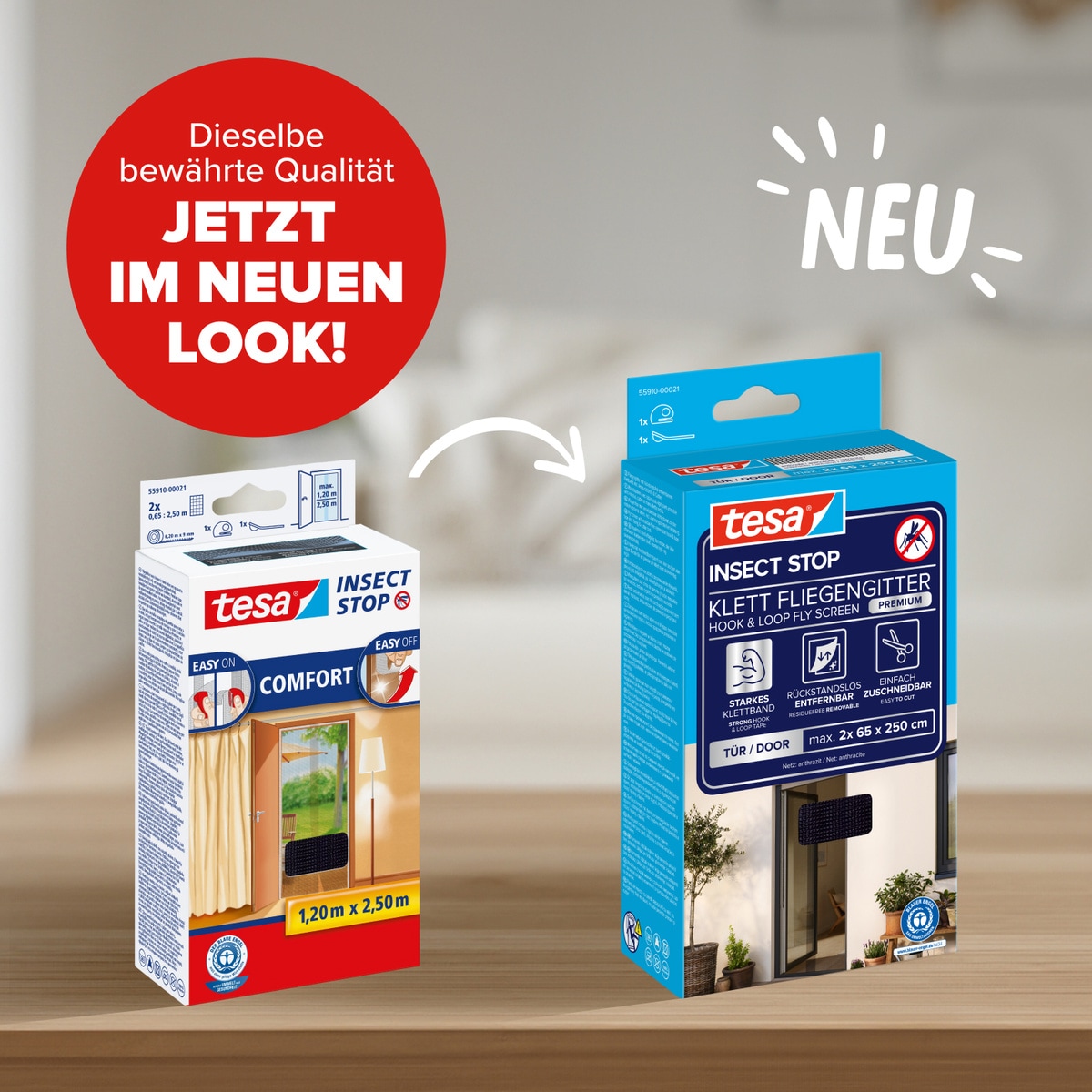 tesa Insektenschutz-Tür »Klett Fliegengitter Premium für Türen - ohne Bohren« Packung, Fliegennetz, Klettband, 1 Stk. tlg. selbstklebende Insektenschutz - (2 x 65cm )120cm x 250cm
