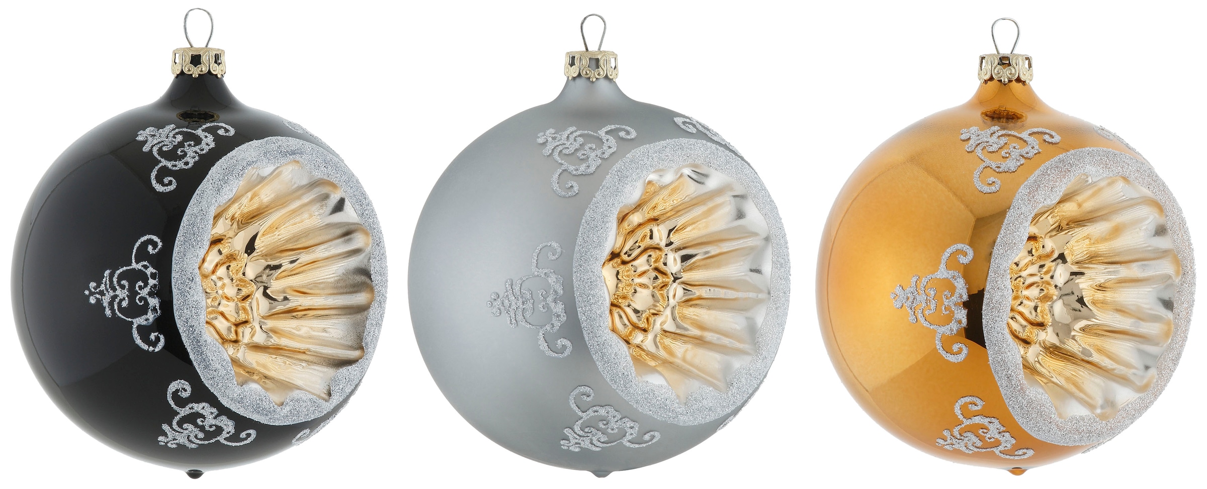 Thüringer Glasdesign Weihnachtsbaumkugel »Black&White&Gold, Weihnachtsdeko, aus bestellen St.), Glas, Refelexkugeln Christbaumschmuck«, hochwertige Christbaumkugeln (Set, 3