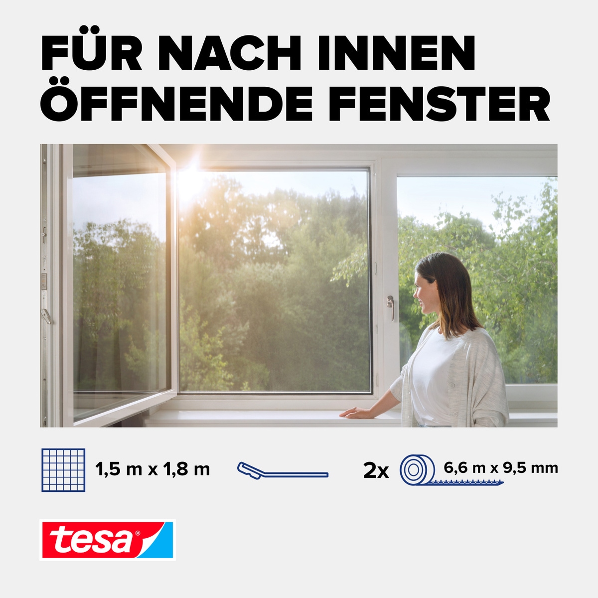 tesa Insektenschutz-Fensterrahmen »Pollenschutzgitter für Fenster - 1,5m x 1,8m« Packung, Fliegennetz, Klettband, 1 Stk. tlg. Pollenschutzgitter - ohne Bohren- zuschneidbar -anthrazit
