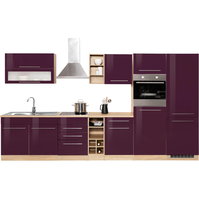 KOCHSTATION Küchenzeile »KS-Eton« ohne E-Geräte, Breite 360 cm Küche: lila + Korpus: eichefarben + Arbeitsplatte: eichefarben