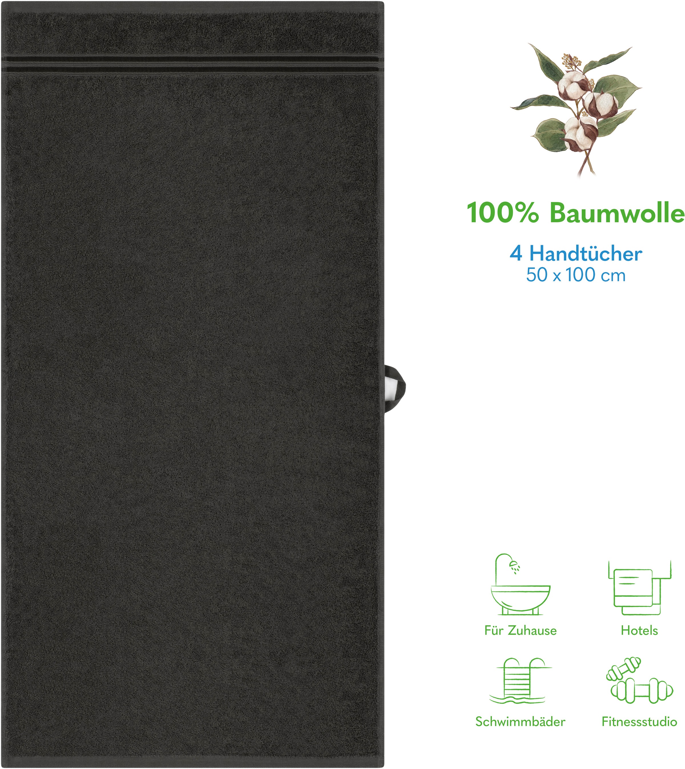 HAMMETEX Handtuch Set »4er Set Handtücher 50x100 cm, 100% Baumwolle, Weich & Saugstark«, (Set, 4 St., 4), mit Bordüre, einfarbig, weich