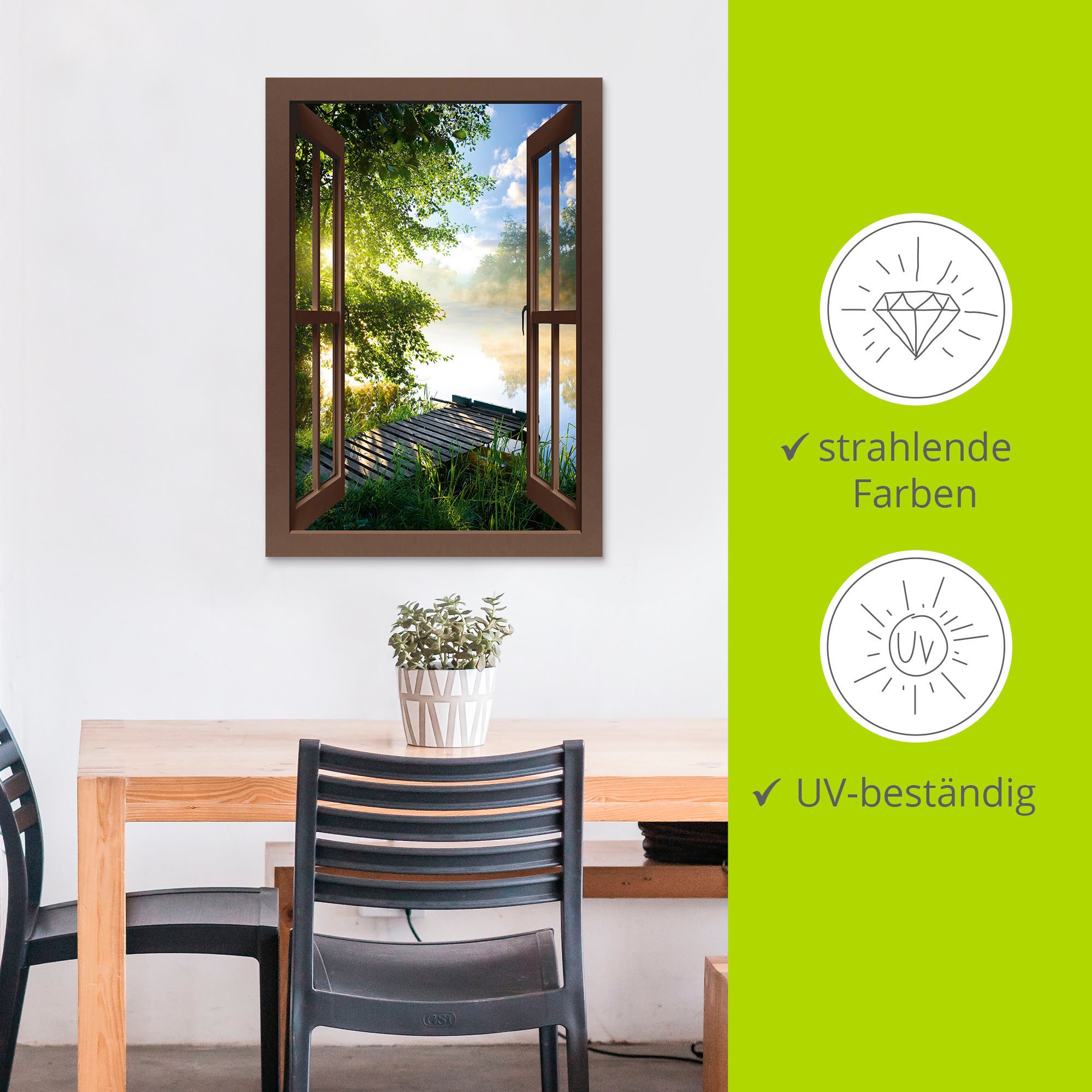 Artland Wandbild »Fensterblick Angelsteg am Fluss«, Fensterblick, (1 St.), als Alubild, Outdoorbild, Leinwandbild, Poster, Wandaufkleber