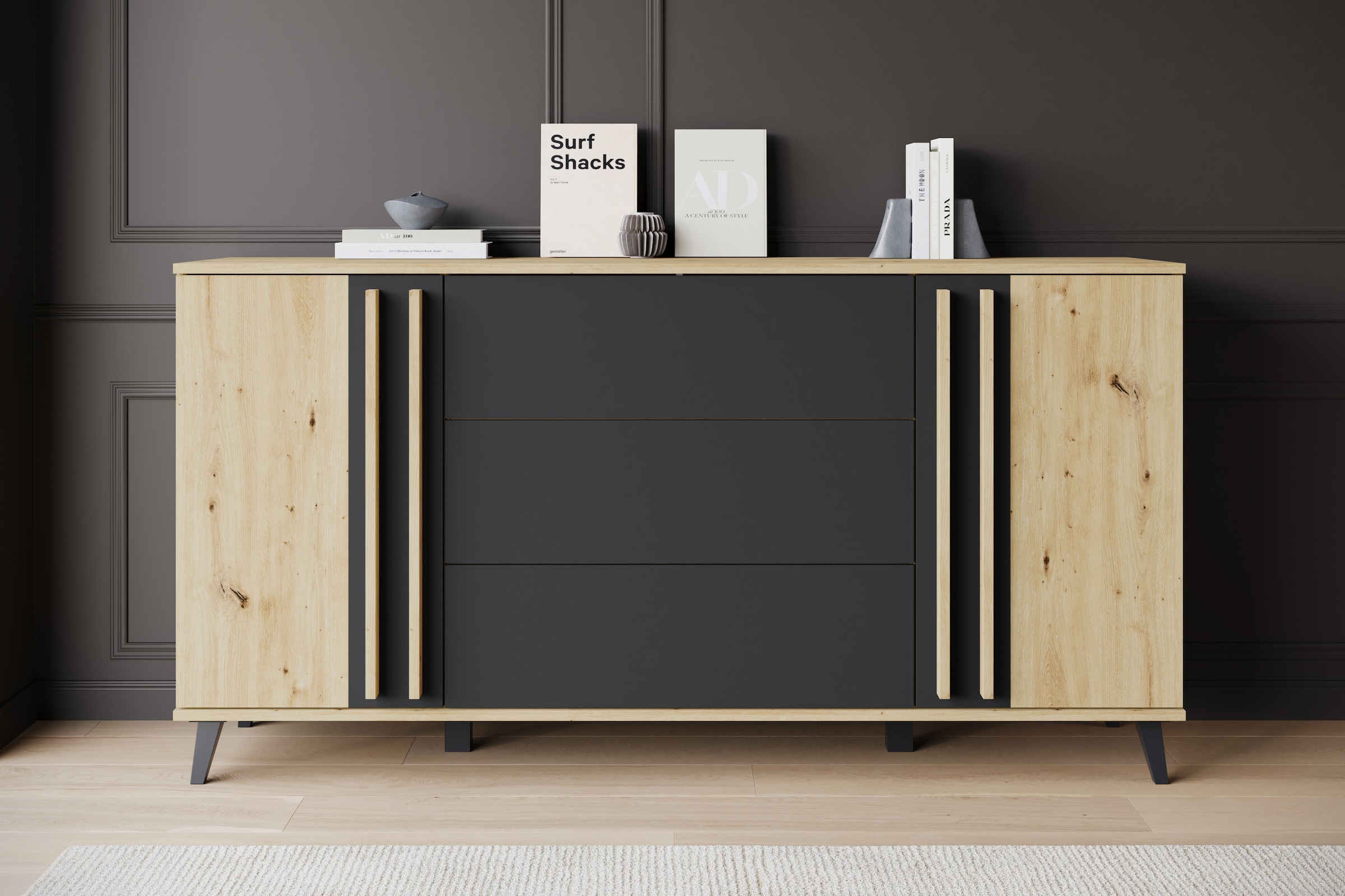 INOSIGN Sideboard »Helsinki, Kommode mit 2 Türen und 3 Schubladen, Breite 150 cm«, (1 St.), Push-to-Open-Schubladen, höhenverstellbare Einlegeböden