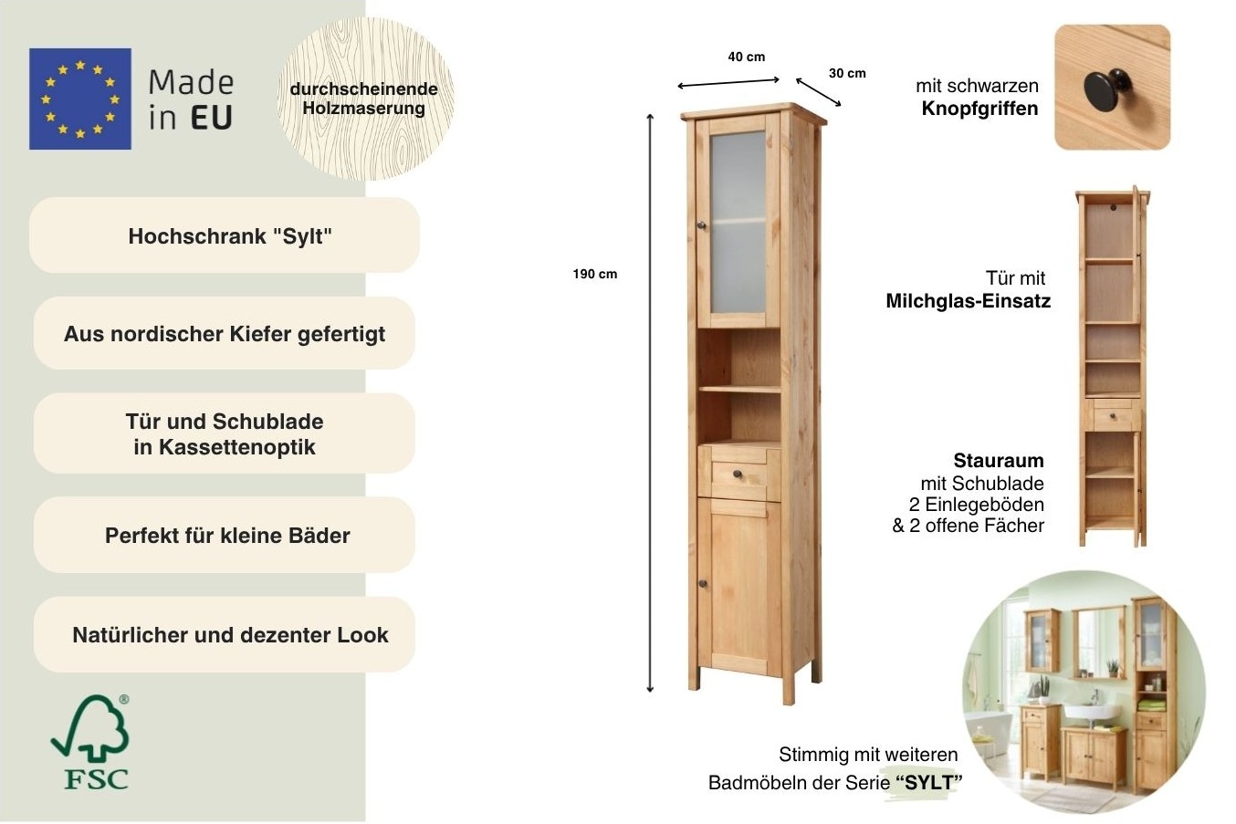 welltime Hochschrank »Sylt« Badmöbel im Landhaus-Stil, Breite 40 cm, aus Massivholz